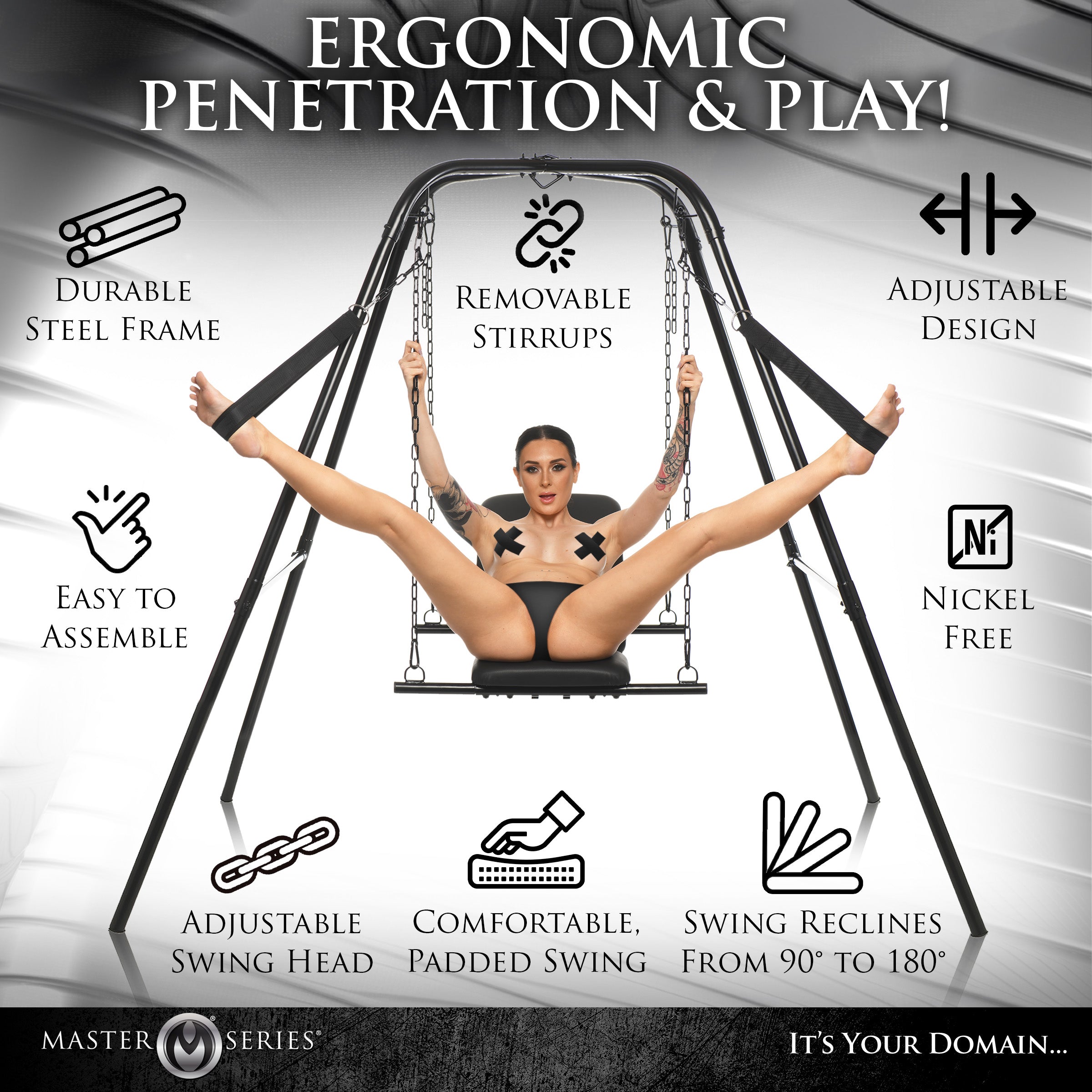 Master Series Throne Adjustable Sex Swing with Stand Black