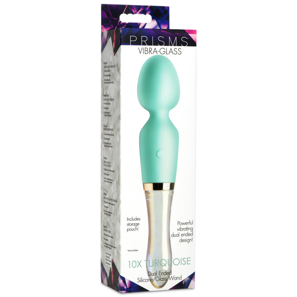 Prisms Erotic Glass 10X Turquoise Dual Ended Silicone and Glass Wand Green