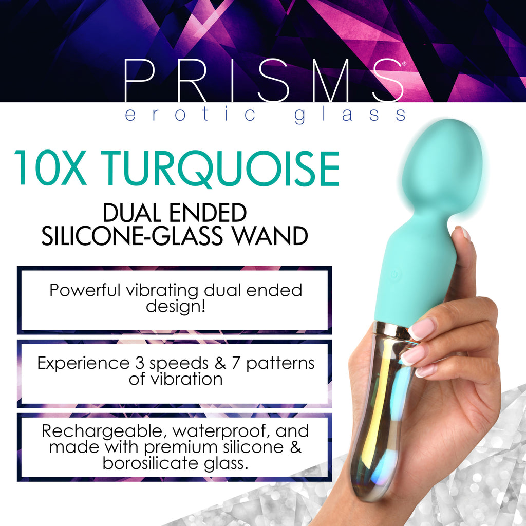 Prisms Erotic Glass 10X Turquoise Dual Ended Silicone and Glass Wand Green