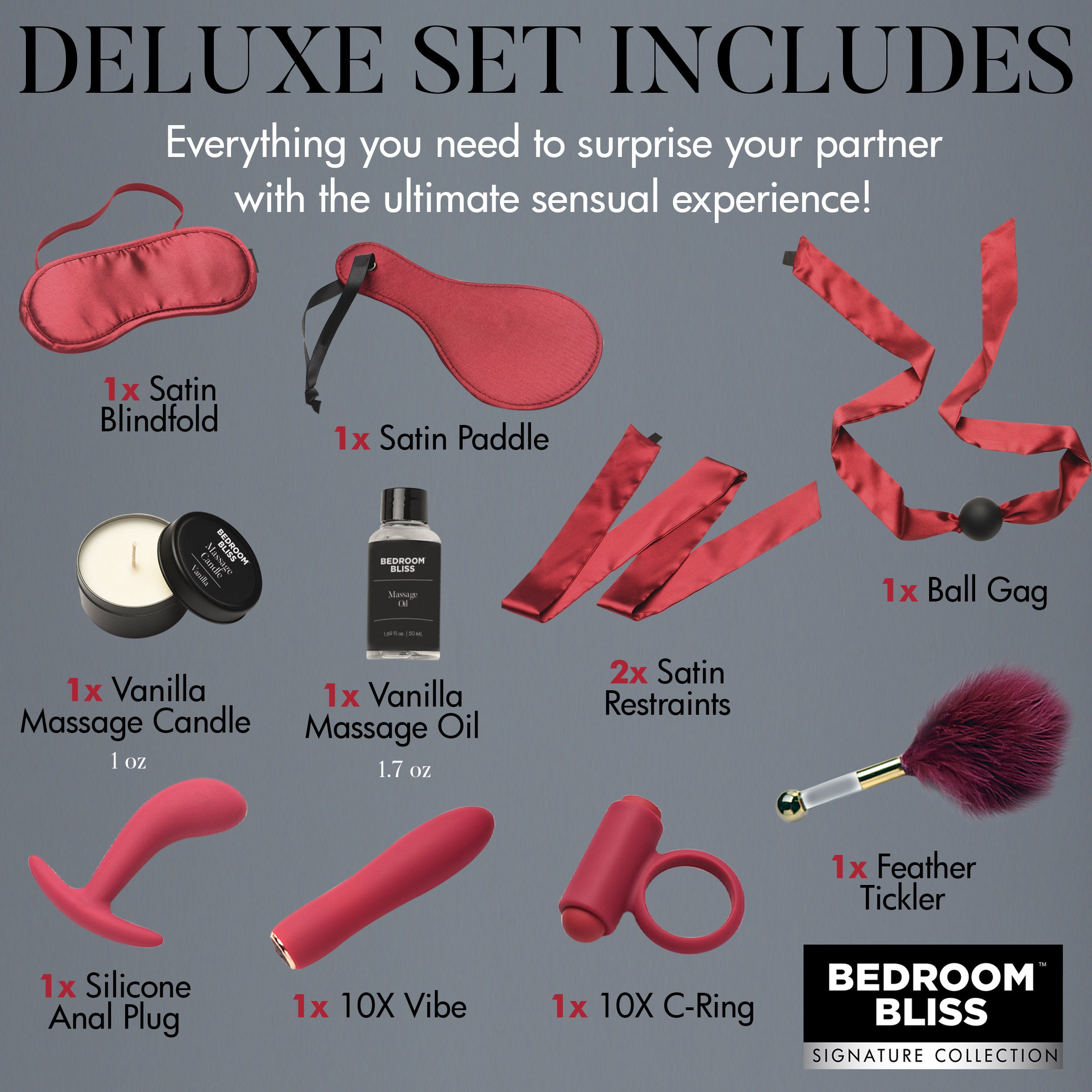 Bedroom Bliss Signature Collection Lover's Deluxe Bondage Massage Set Red