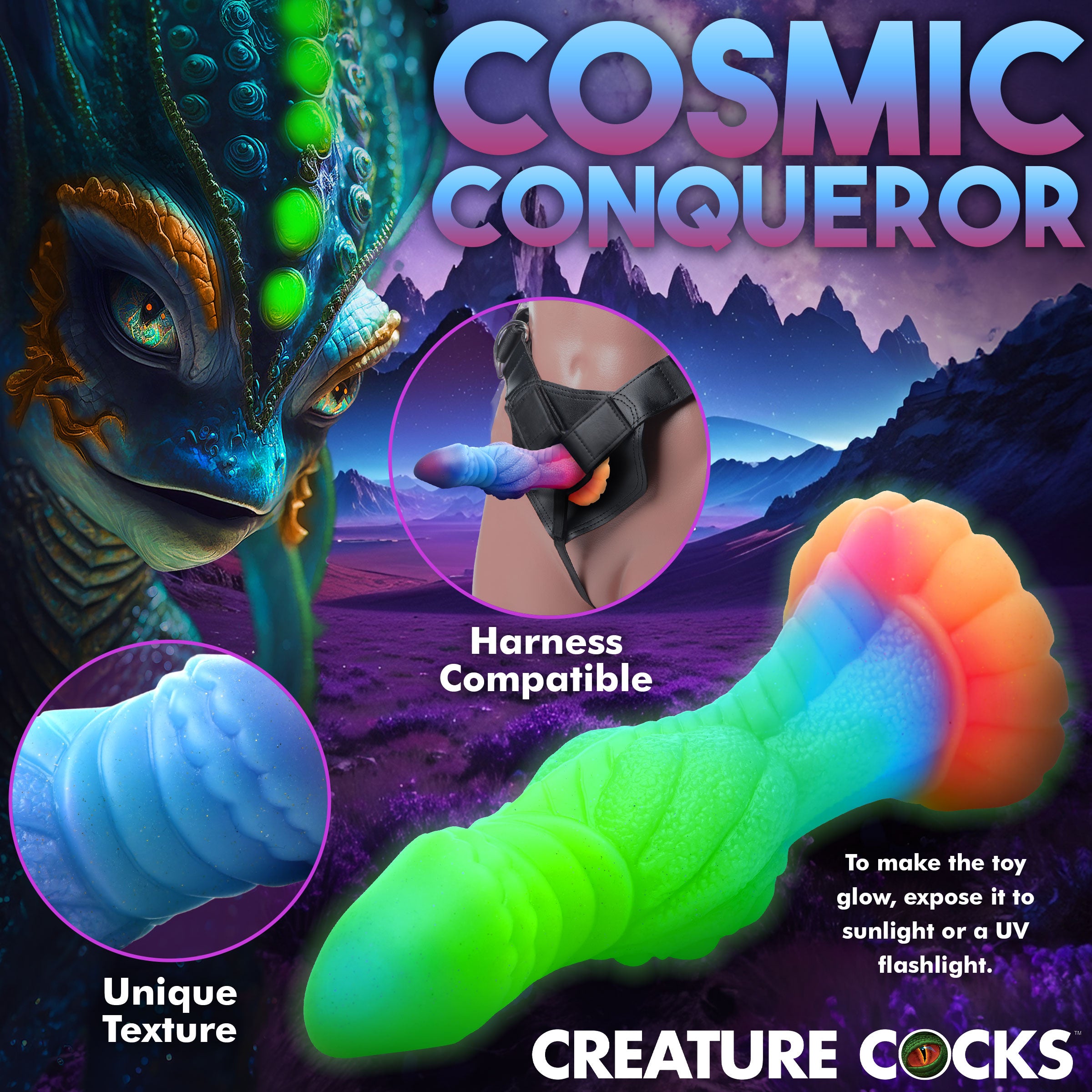 Creature Cocks Galactic Cock Alien Creature Glow-in-the-Dark Silicone Dildo Multi