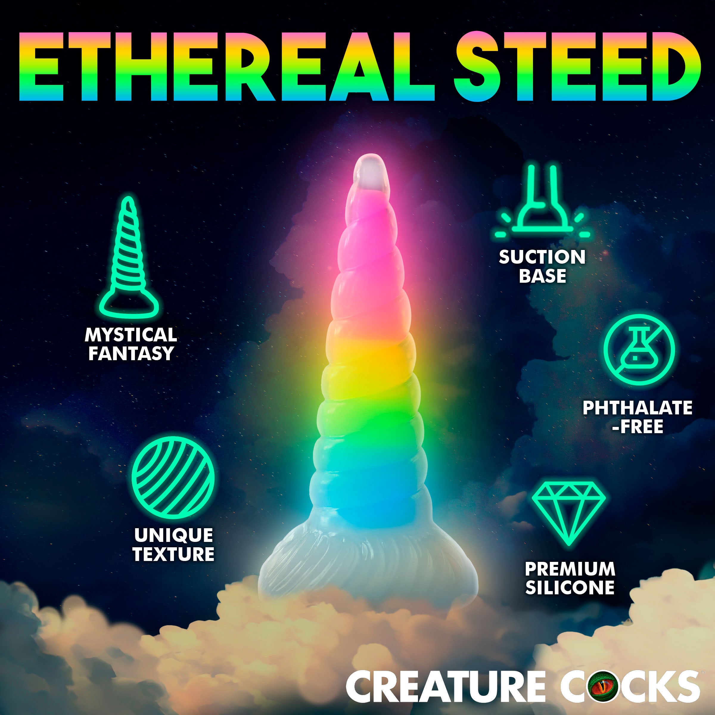 Creature Cocks Uni-Glow Glow-In-The-Dark Rainbow Silicone Dildo Multi