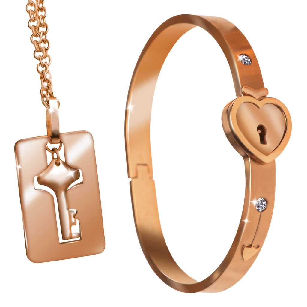 Master Series Cuffed Locking Bracelet and Key Necklace - Rose Gold Pink