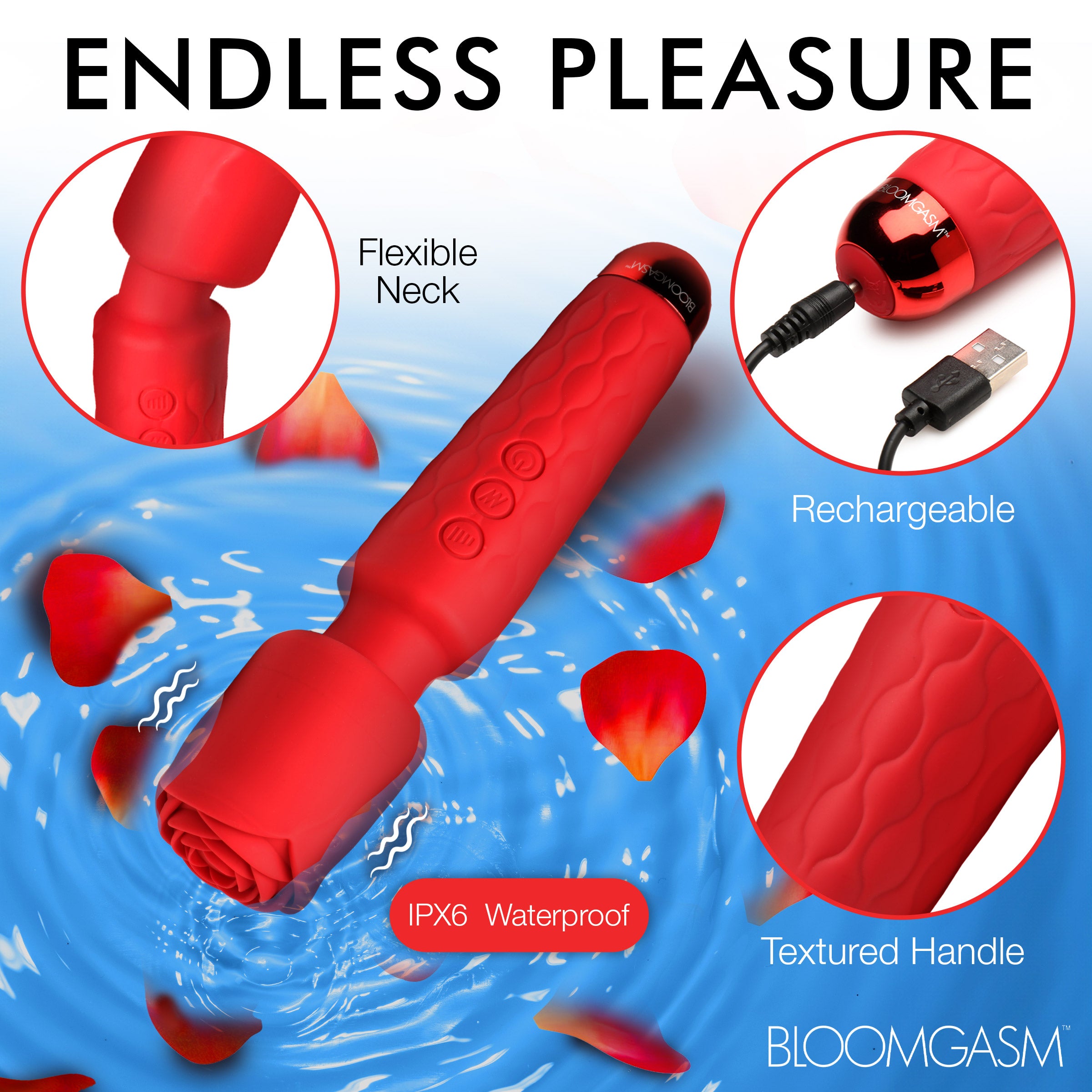 Bloomgasm Deluxe Silicone Rose Wand Red