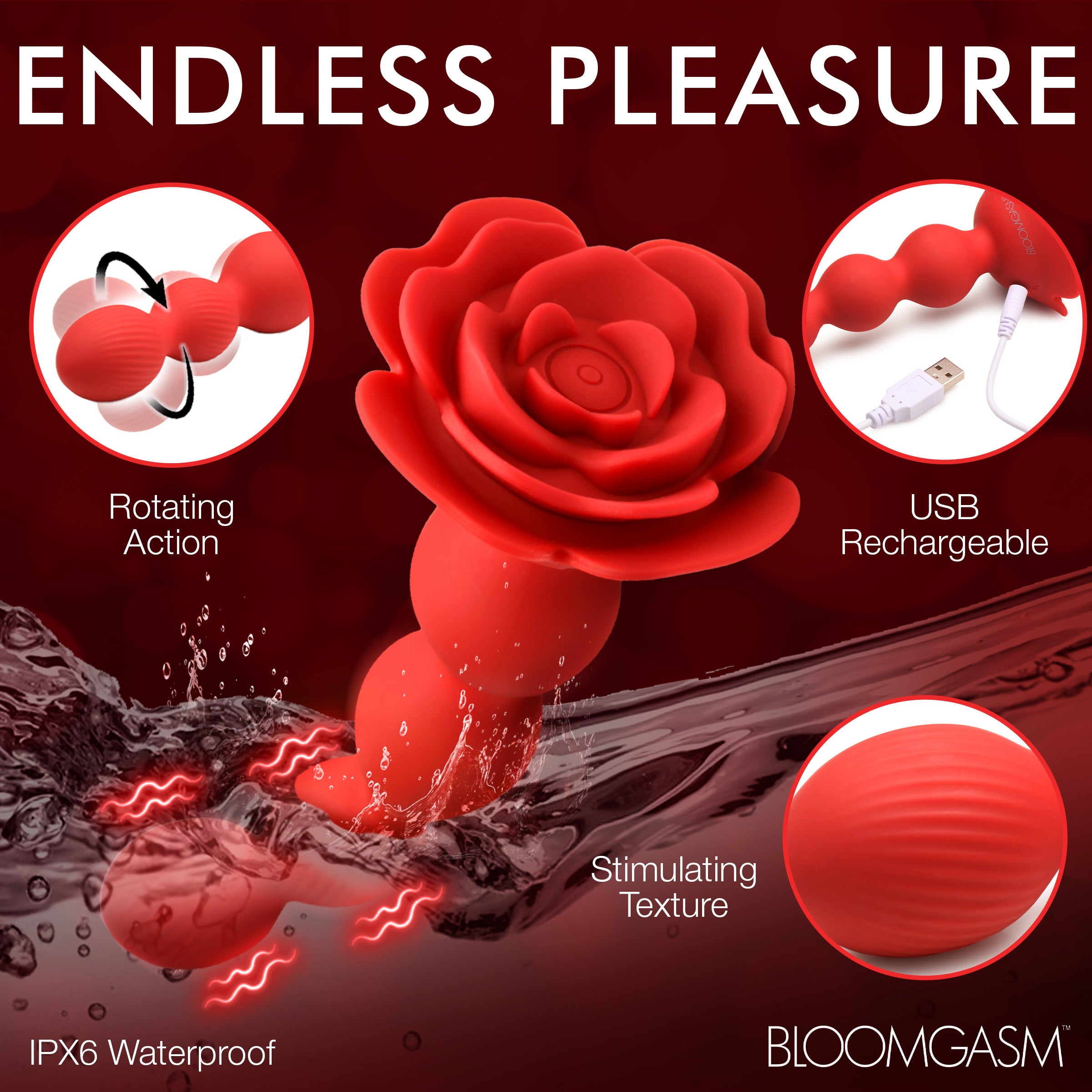 Bloomgasm 10X Rose Twirl Vibrating and Rotating Silicone Anal Beads Red