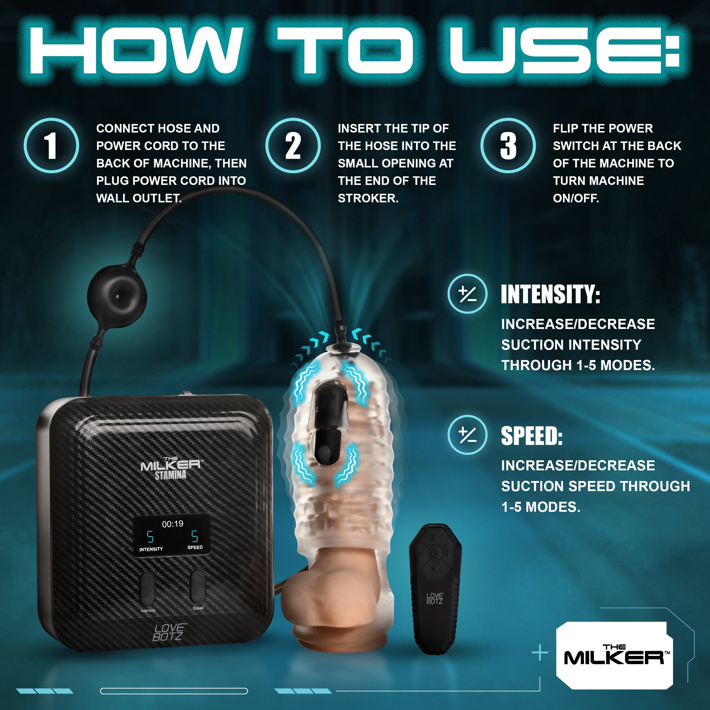 LoveBotz The Milker Stamina with Automatic Stroking, Suction and Vibration Black