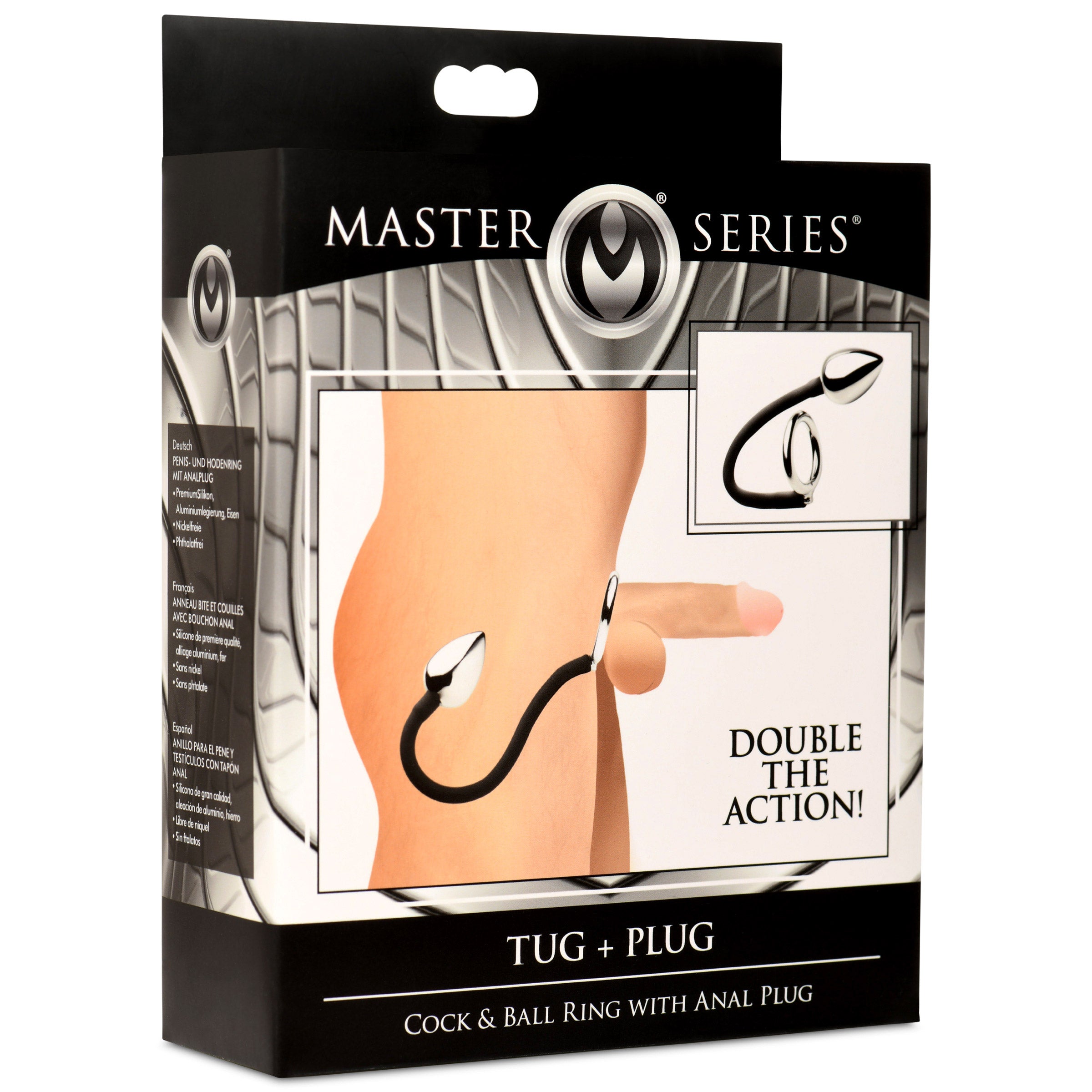Master Series Tug and Plug Cock and Ball Ring with Anal Plug Grey