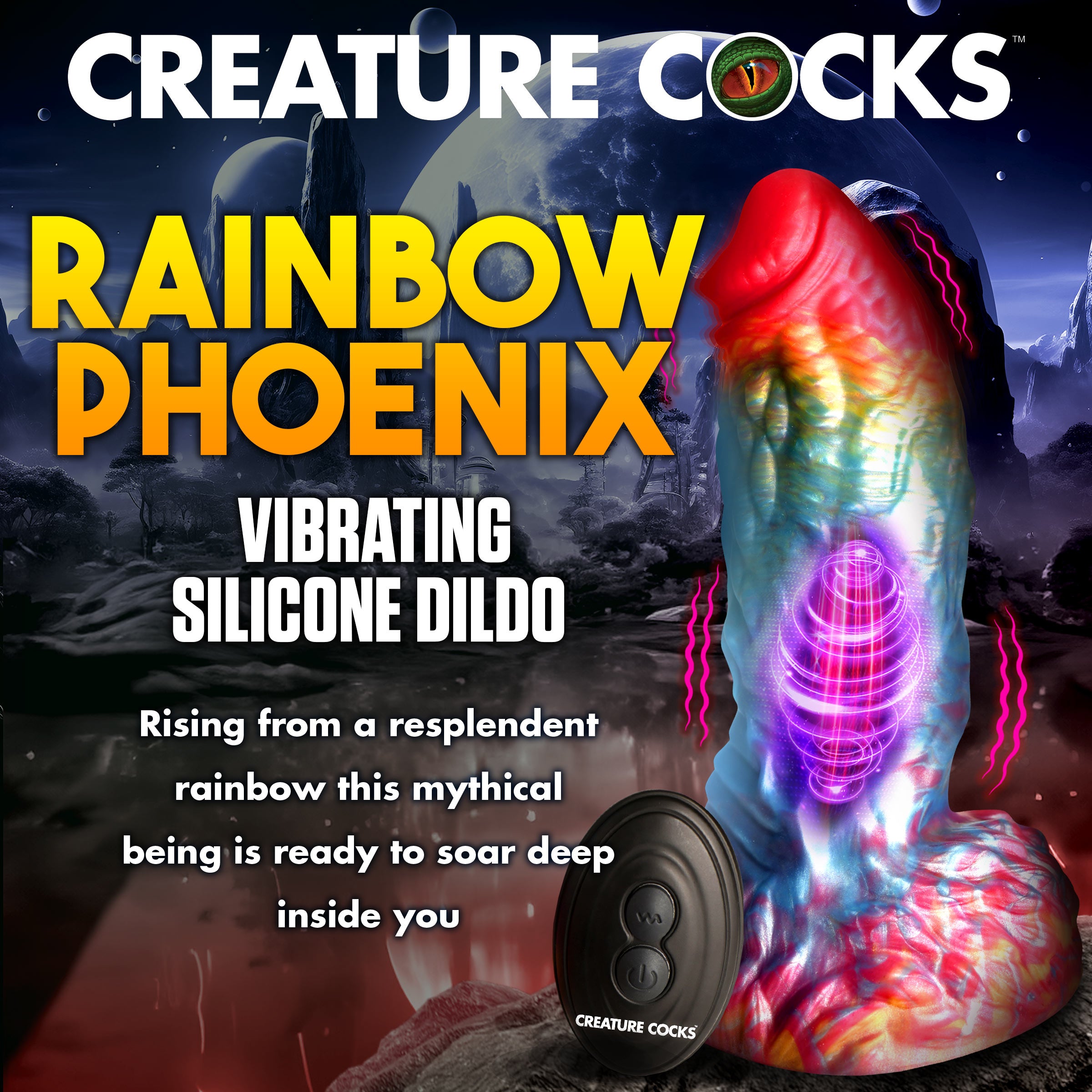 Creature Cocks Rainbow Phoenix Vibrating Silicone Dildo with Remote Multi