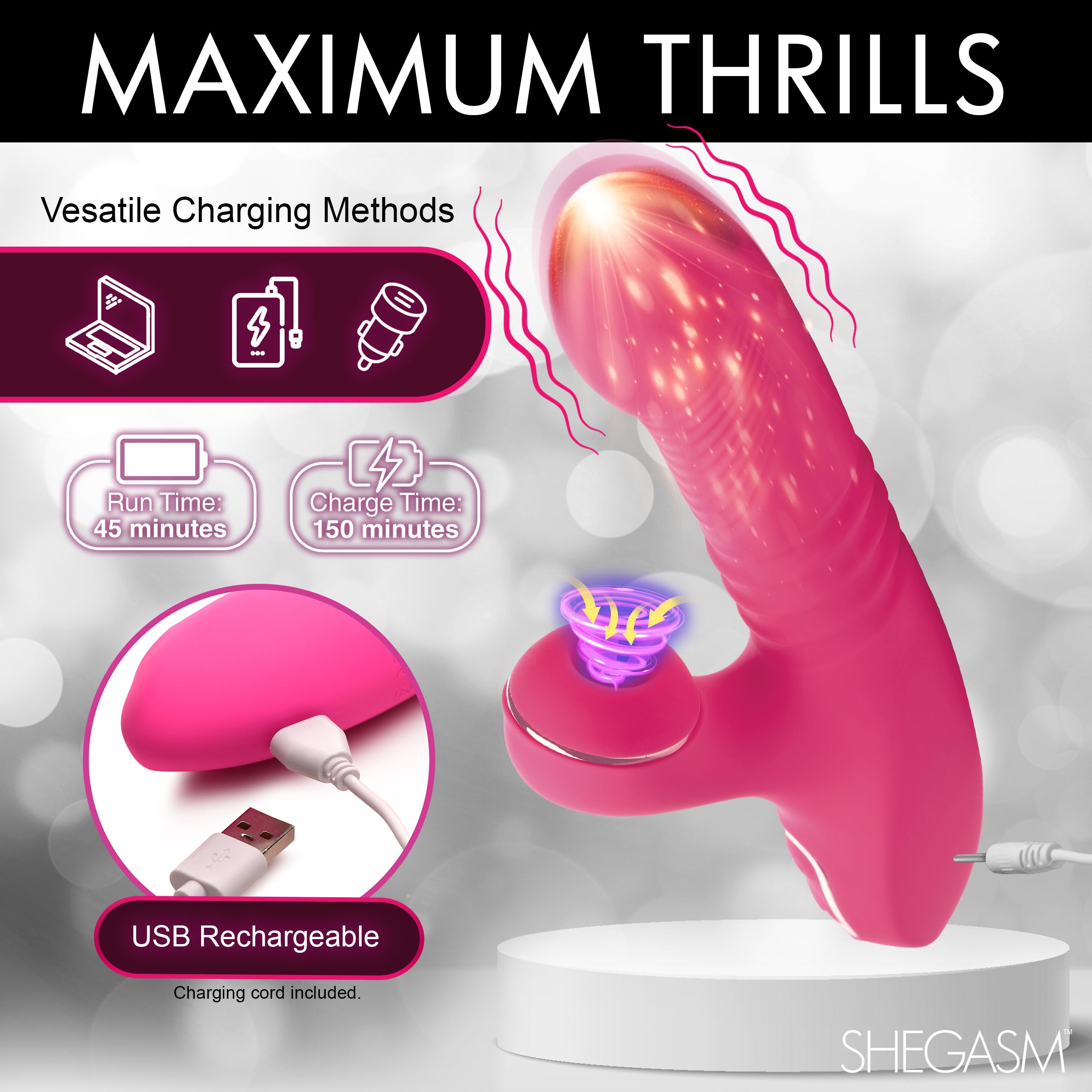 Shegasm Pro-Thrust Thrusting Suction Silicone Rabbit Vibrator Pink
