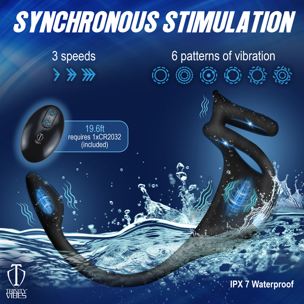 Trinity Men Vibrating Silicone Cock Ring and Anal Stimulator Black
