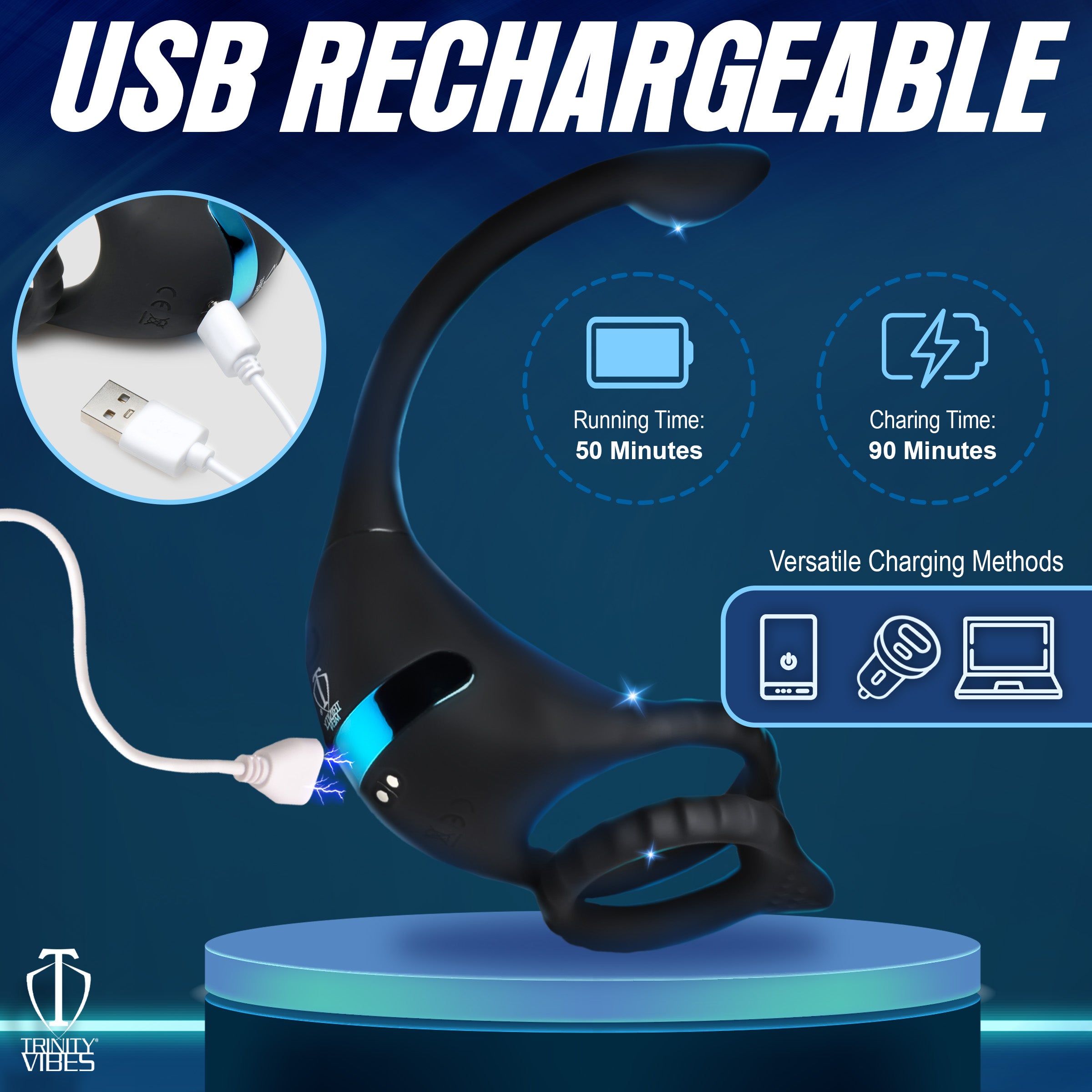 Trinity Men Vibrating Silicone Cock Ring and Anal Stimulator Black