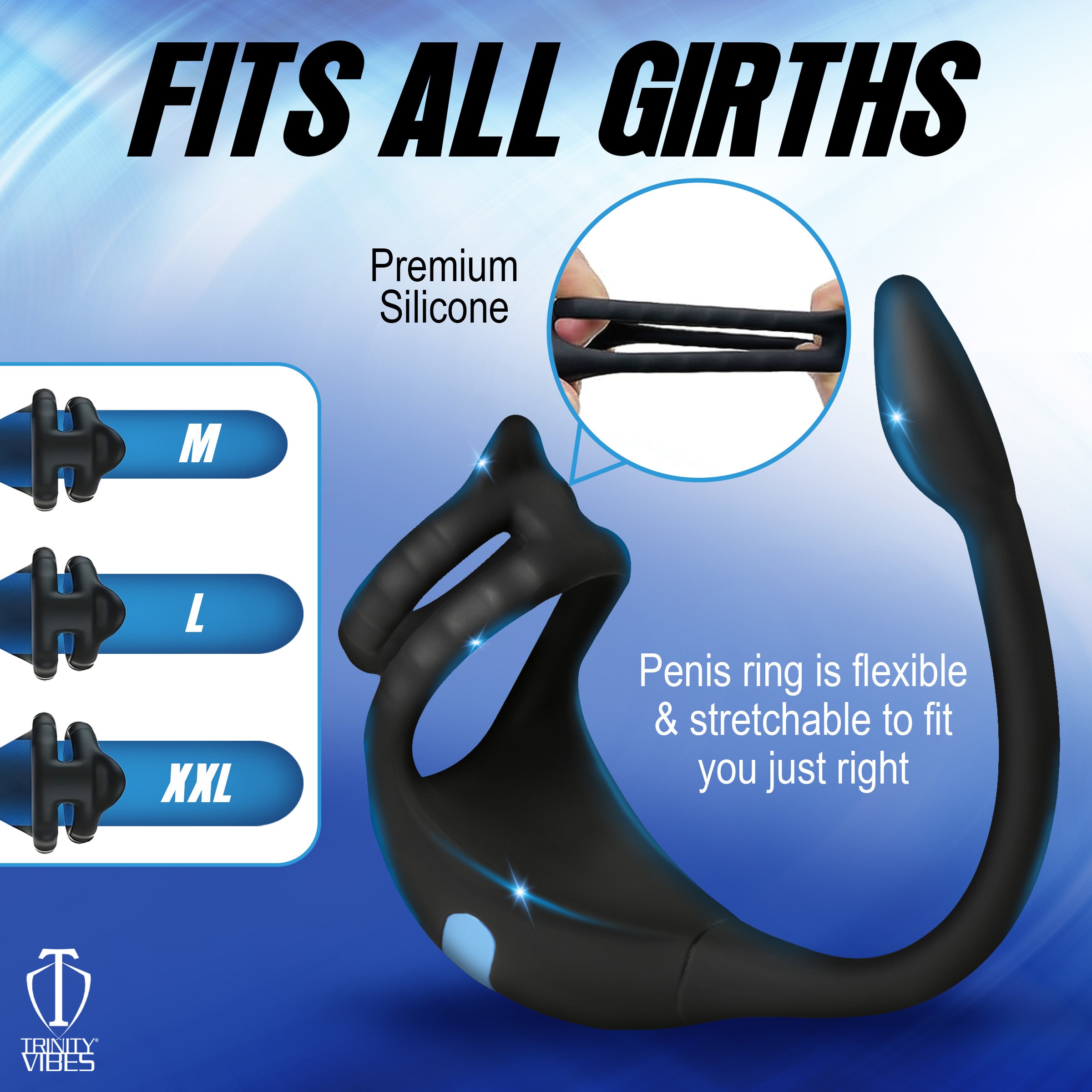 Trinity Men Vibrating Silicone Cock Ring and Anal Stimulator Black