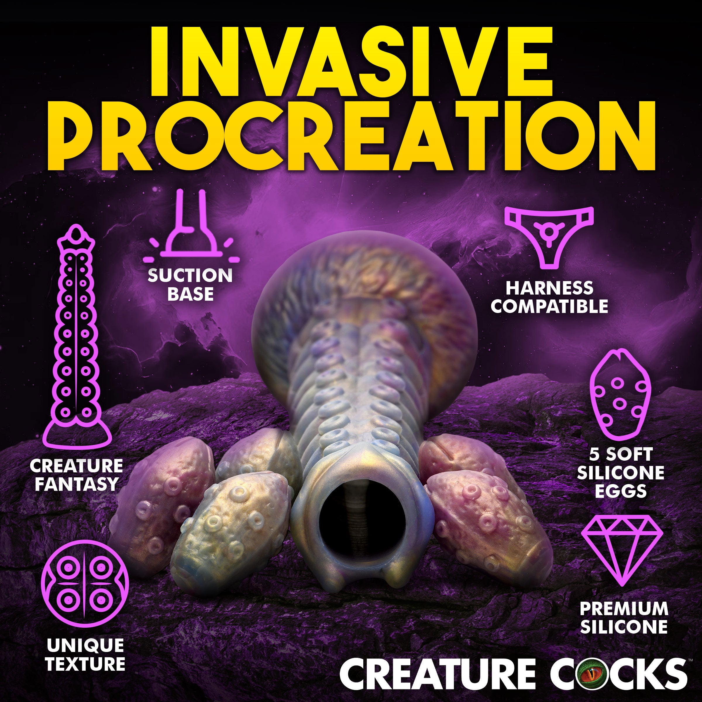 Creature Cocks Deep Invader Tentacle Ovipositor Silicone Dildo with Eggs Purple