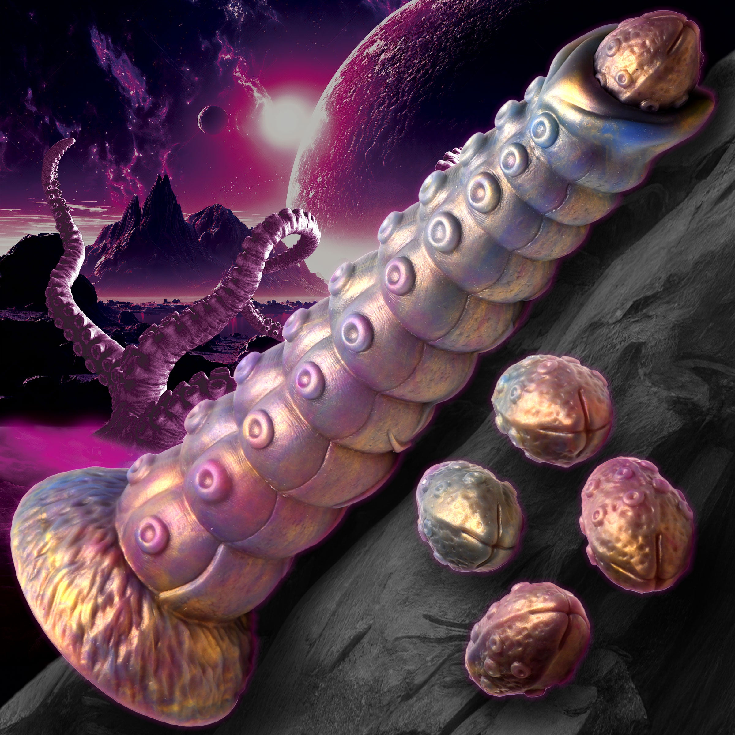 Creature Cocks Deep Invader Tentacle Ovipositor Silicone Dildo with Eggs Purple