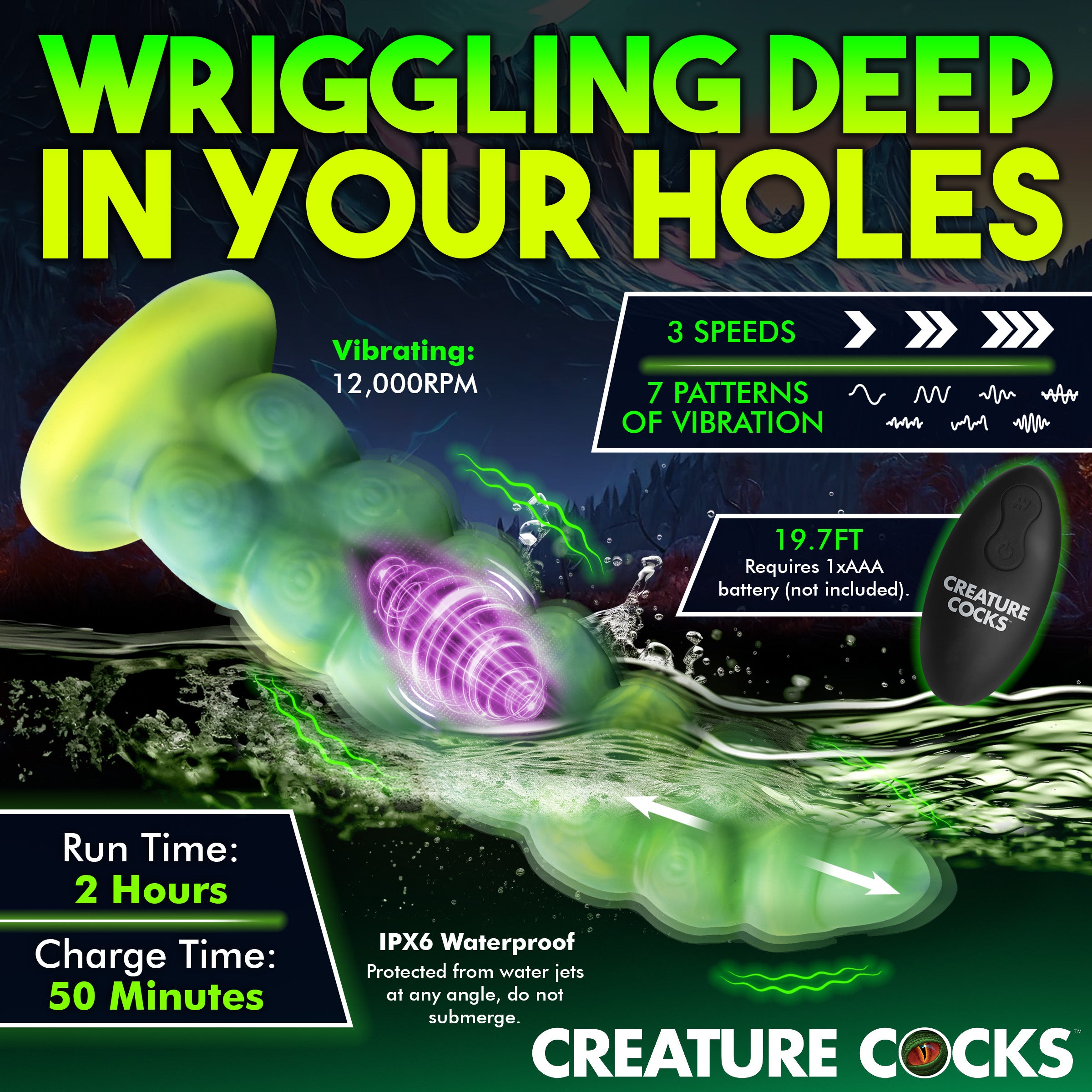 Creature Cocks Squirmer Thrusting and Vibrating Silicone Dildo Green