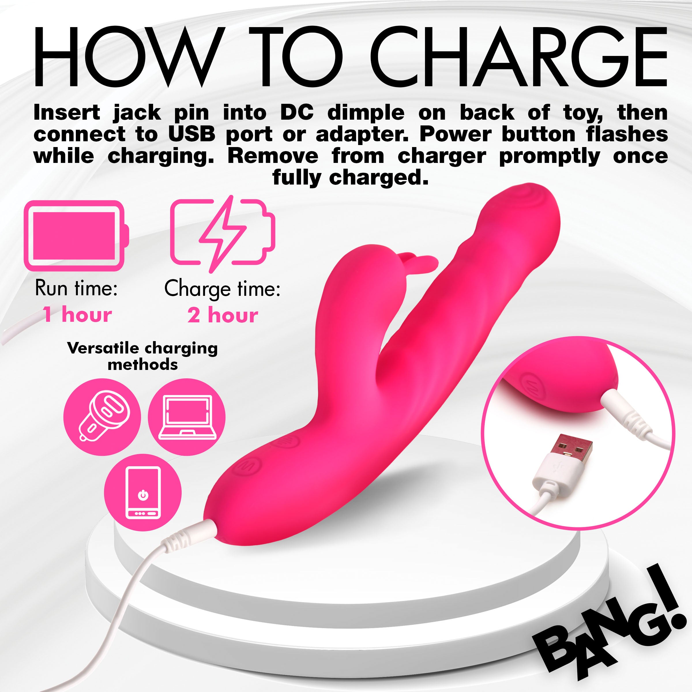 Bang! Thrusting and Vibrating Silicone Rabbit Vibrator Pink