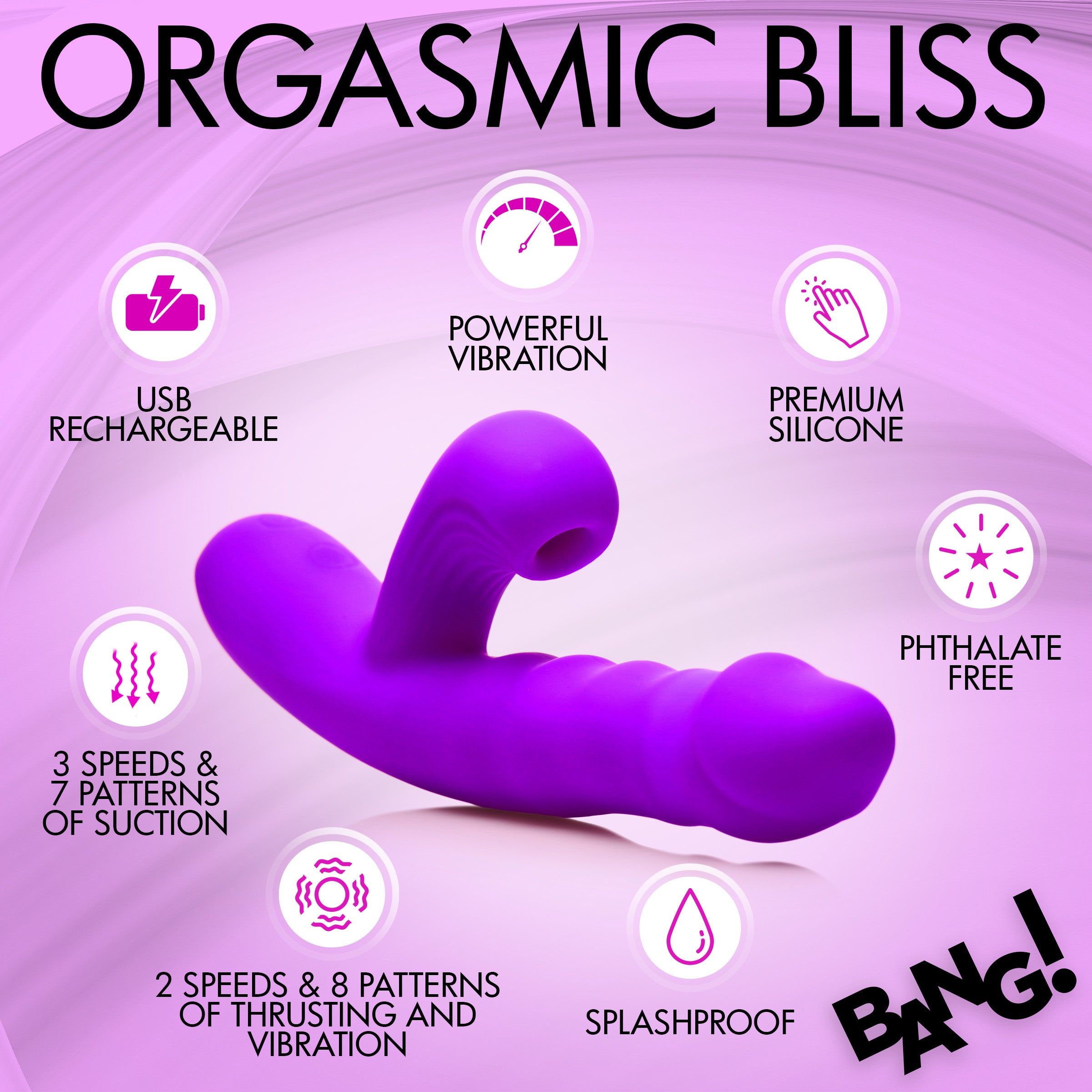 Bang! Thrusting and Sucking Silicone Rabbit Vibrator Purple