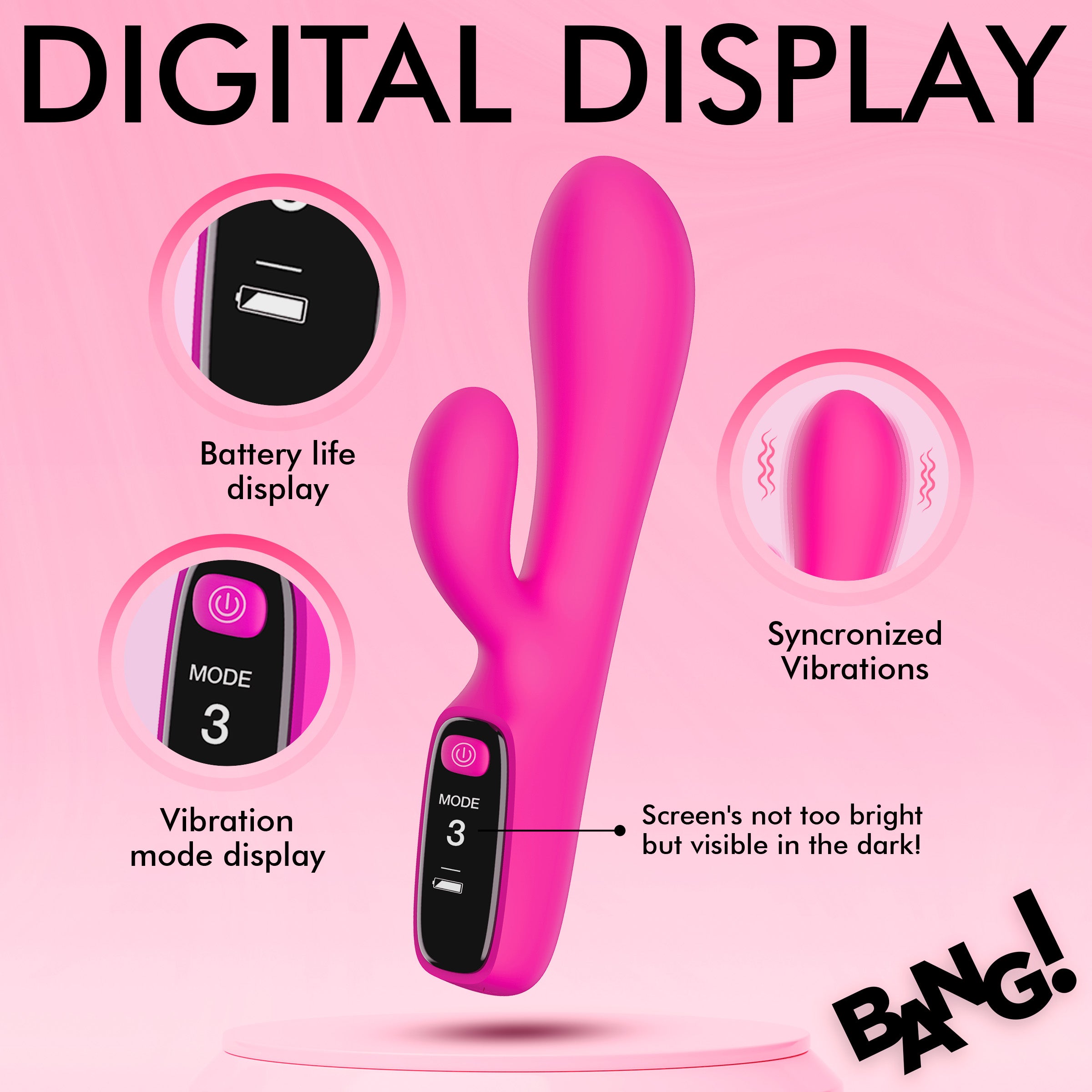 Bang! Silicone Rabbit Vibrator with Digital Display Pink
