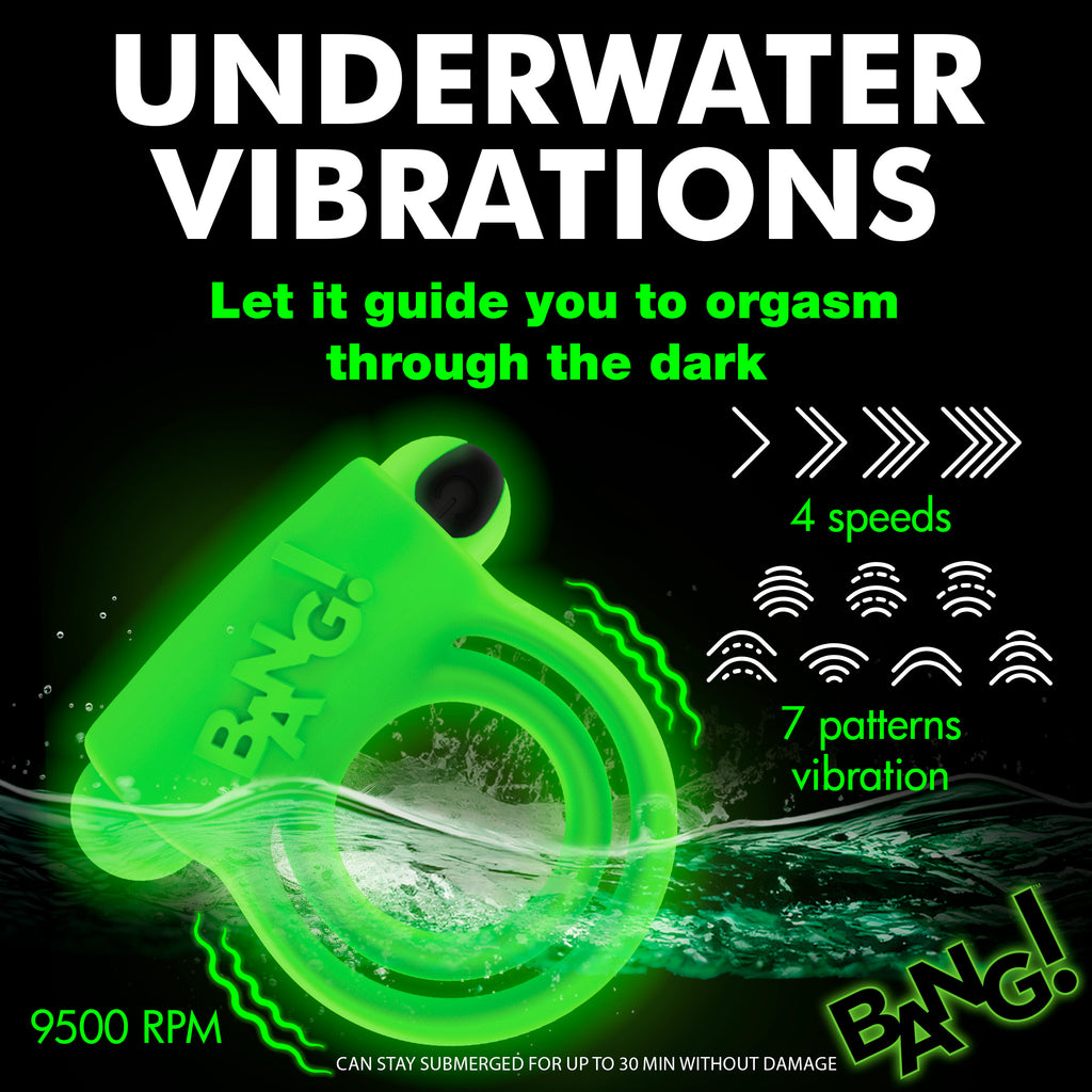Bang! Glow-in-the-Dark Silicone Vibrating Cock Ring Green