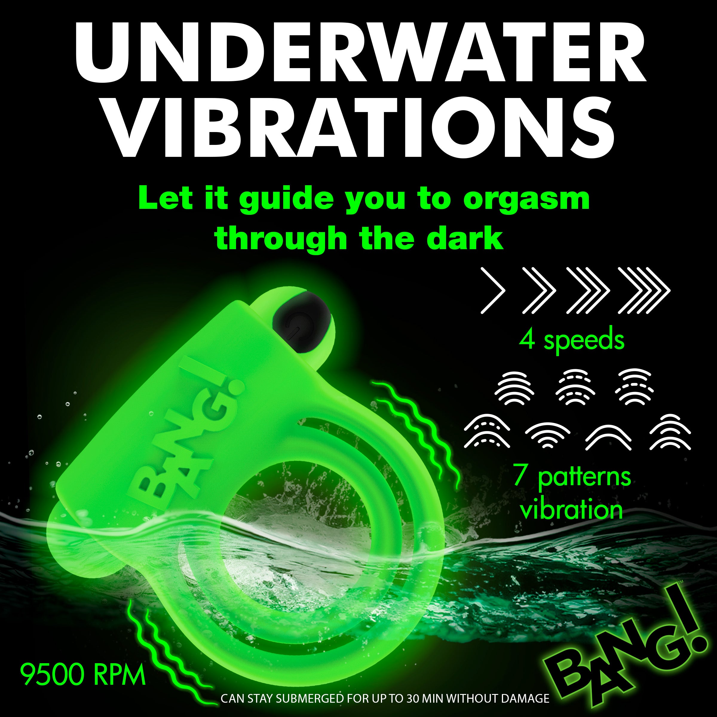 Bang! Glow-in-the-Dark Silicone Vibrating Cock Ring Green