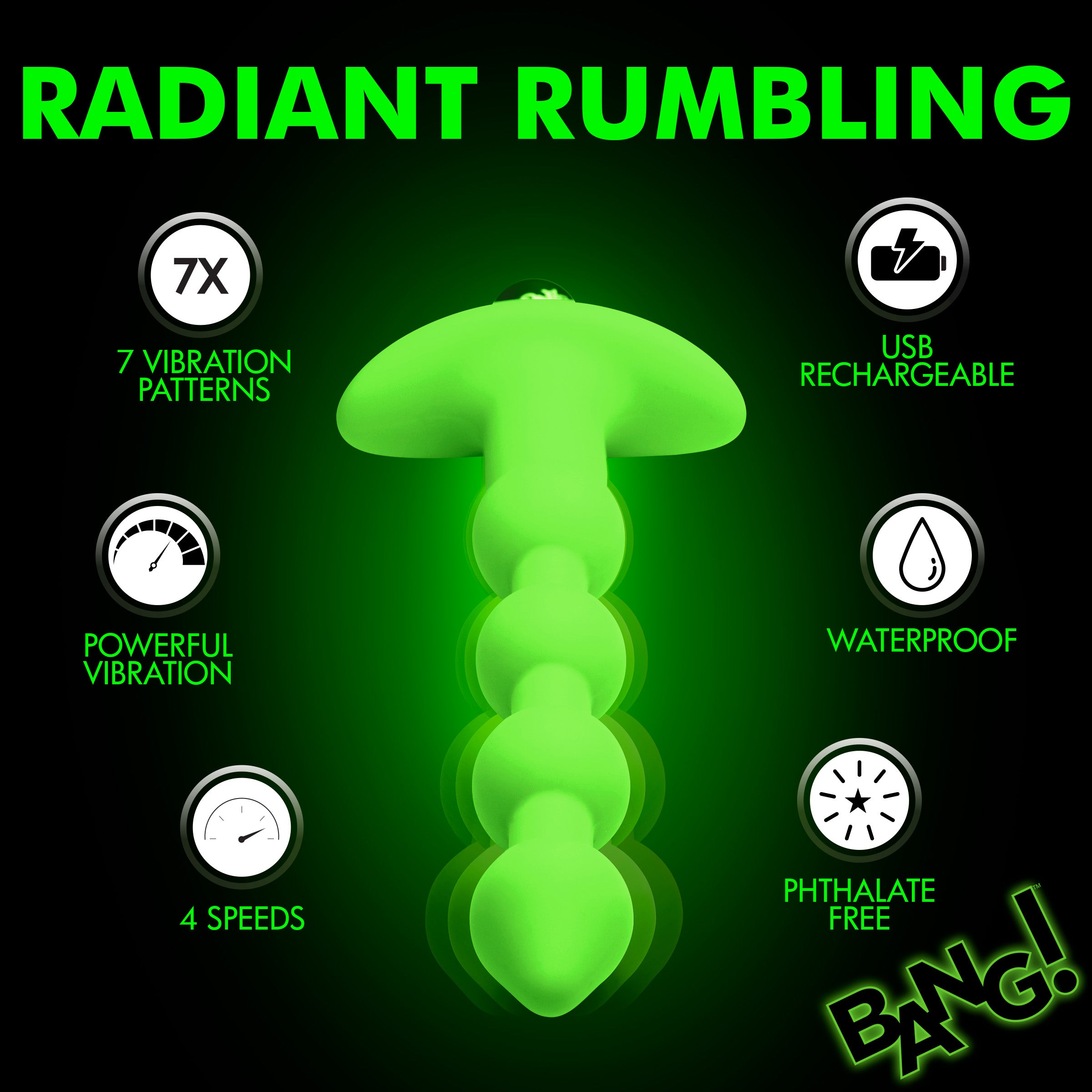 Bang! Glow-in-the-Dark Silicone Anal Beads Green