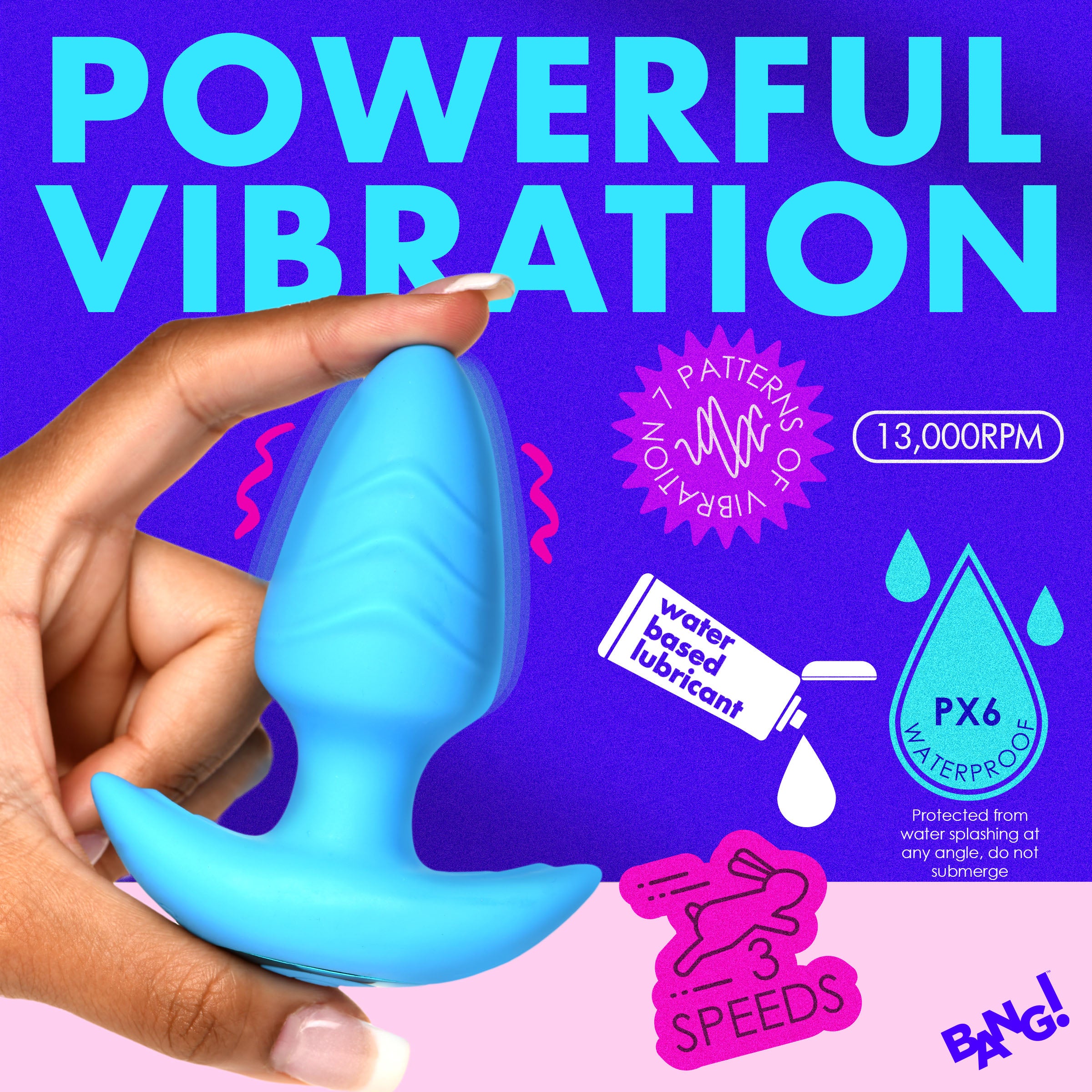 Bang! Rotating and Vibrating Silicone Butt Plug - Blue Blue