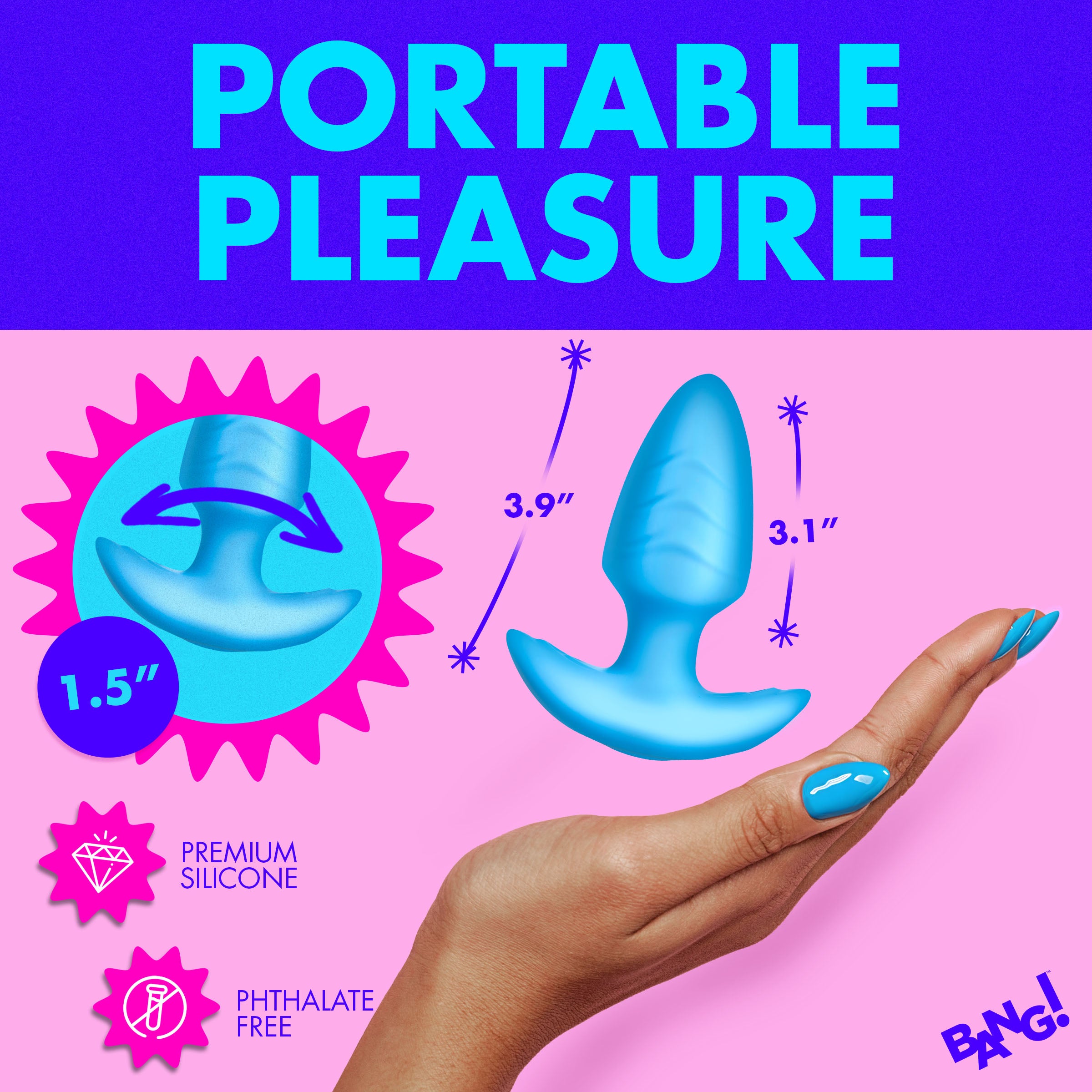 Bang! Rotating and Vibrating Silicone Butt Plug - Blue Blue