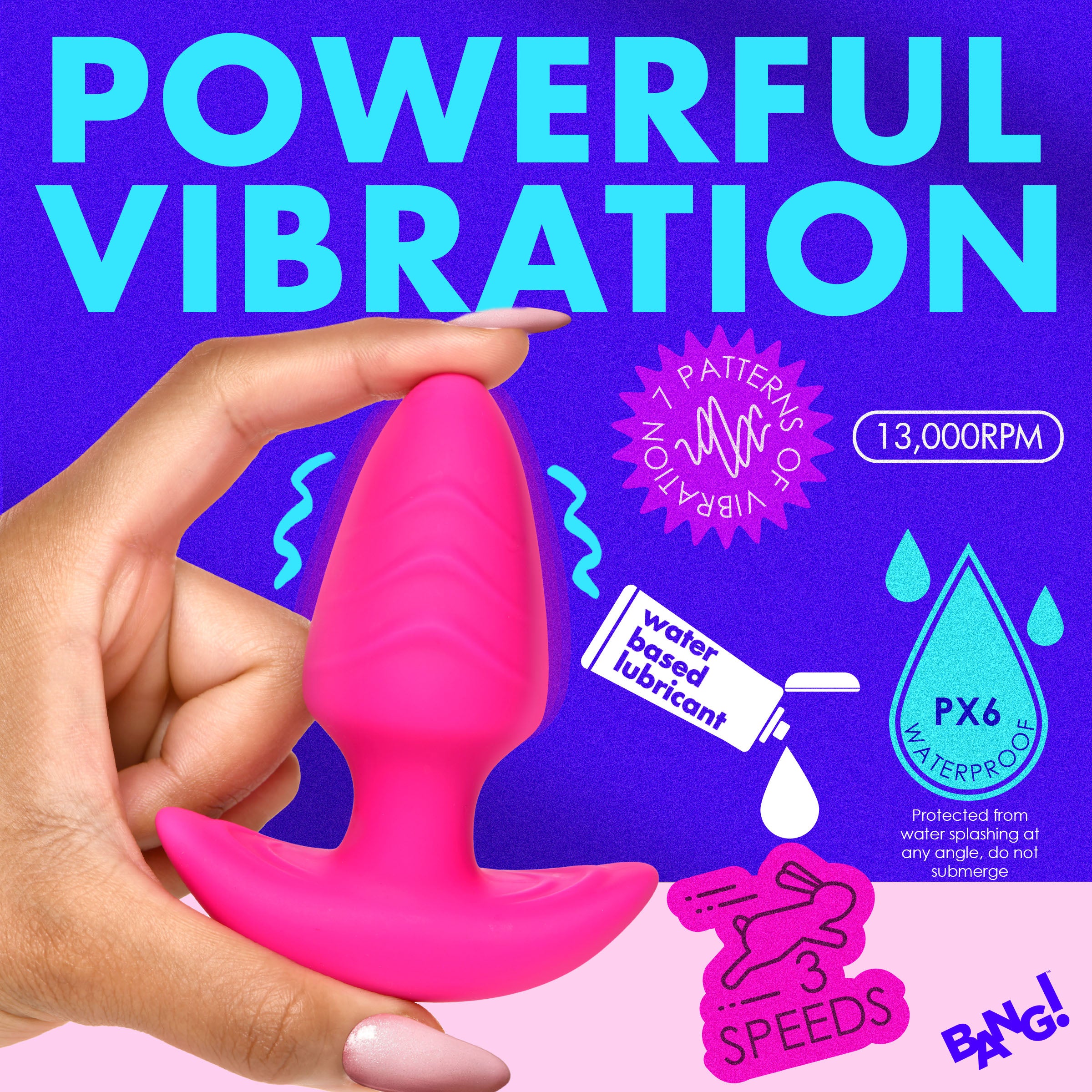 Bang! Rotating and Vibrating Silicone Butt Plug - Blue Pink
