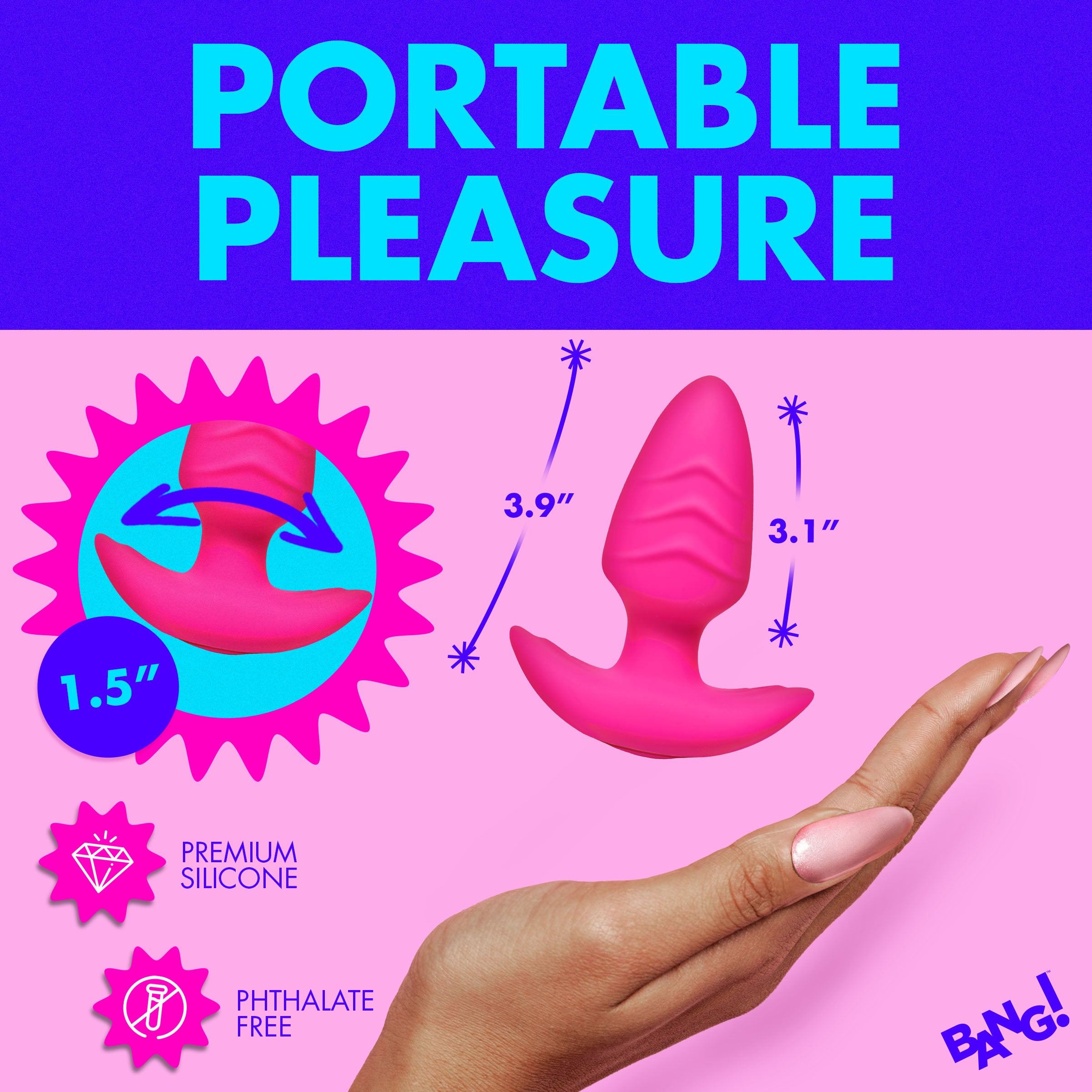 Bang! Rotating and Vibrating Silicone Butt Plug - Blue Pink