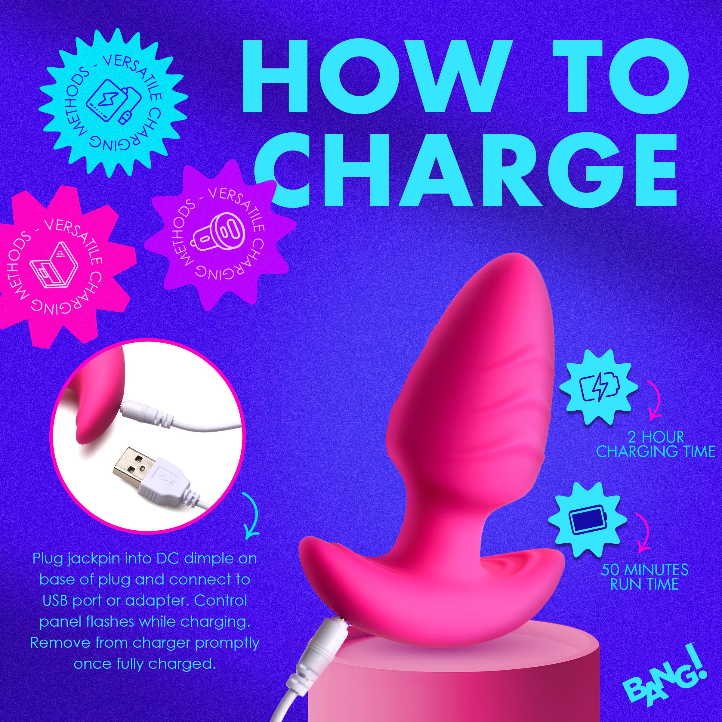 Bang! Rotating and Vibrating Silicone Butt Plug - Blue Pink
