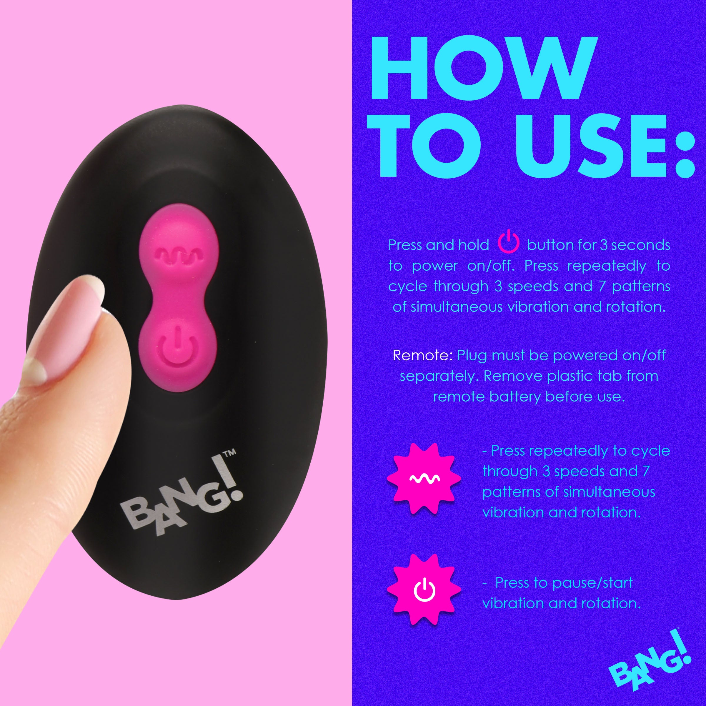 Bang! Rotating and Vibrating Silicone Butt Plug - Blue Pink