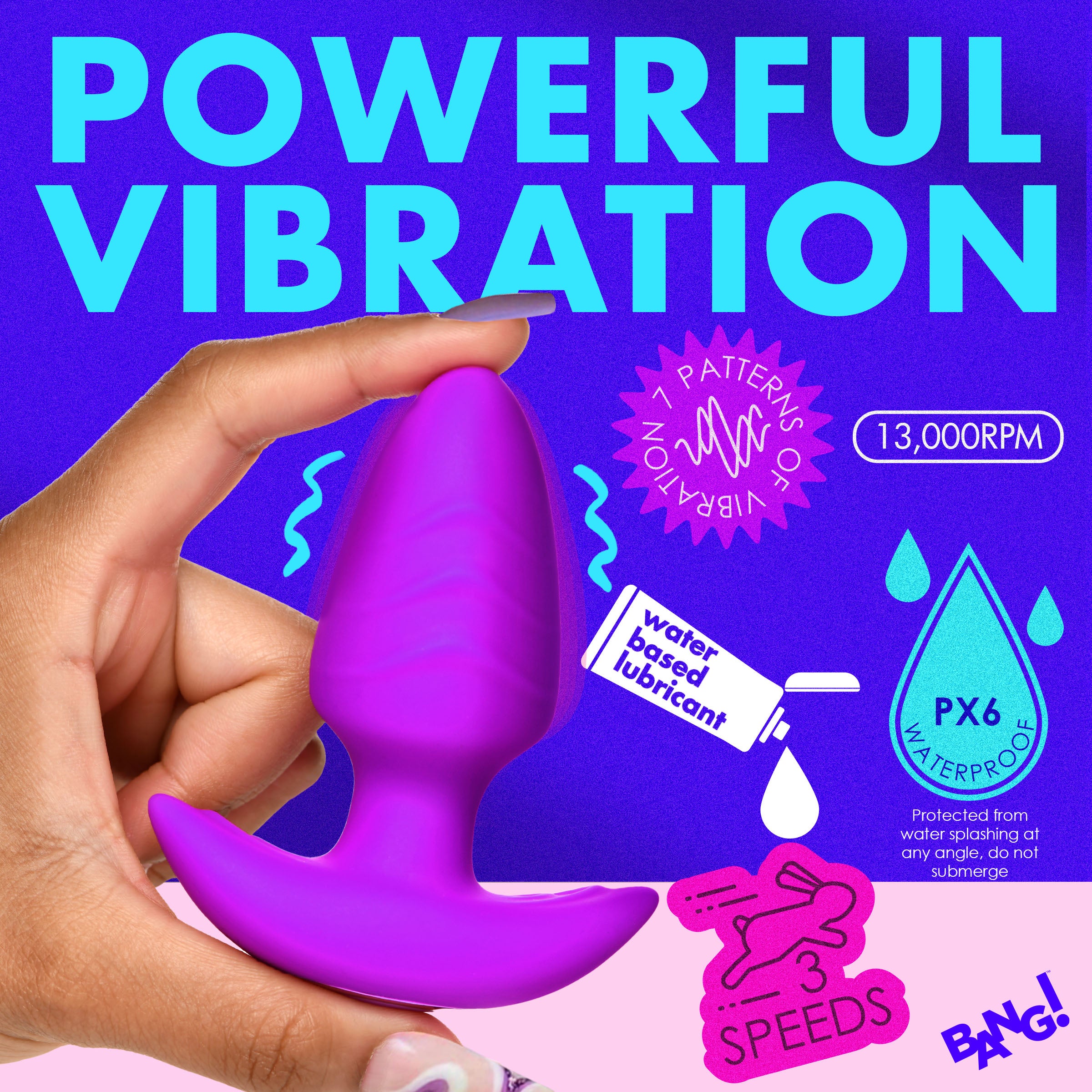 Bang! Rotating and Vibrating Silicone Butt Plug - Blue Purple