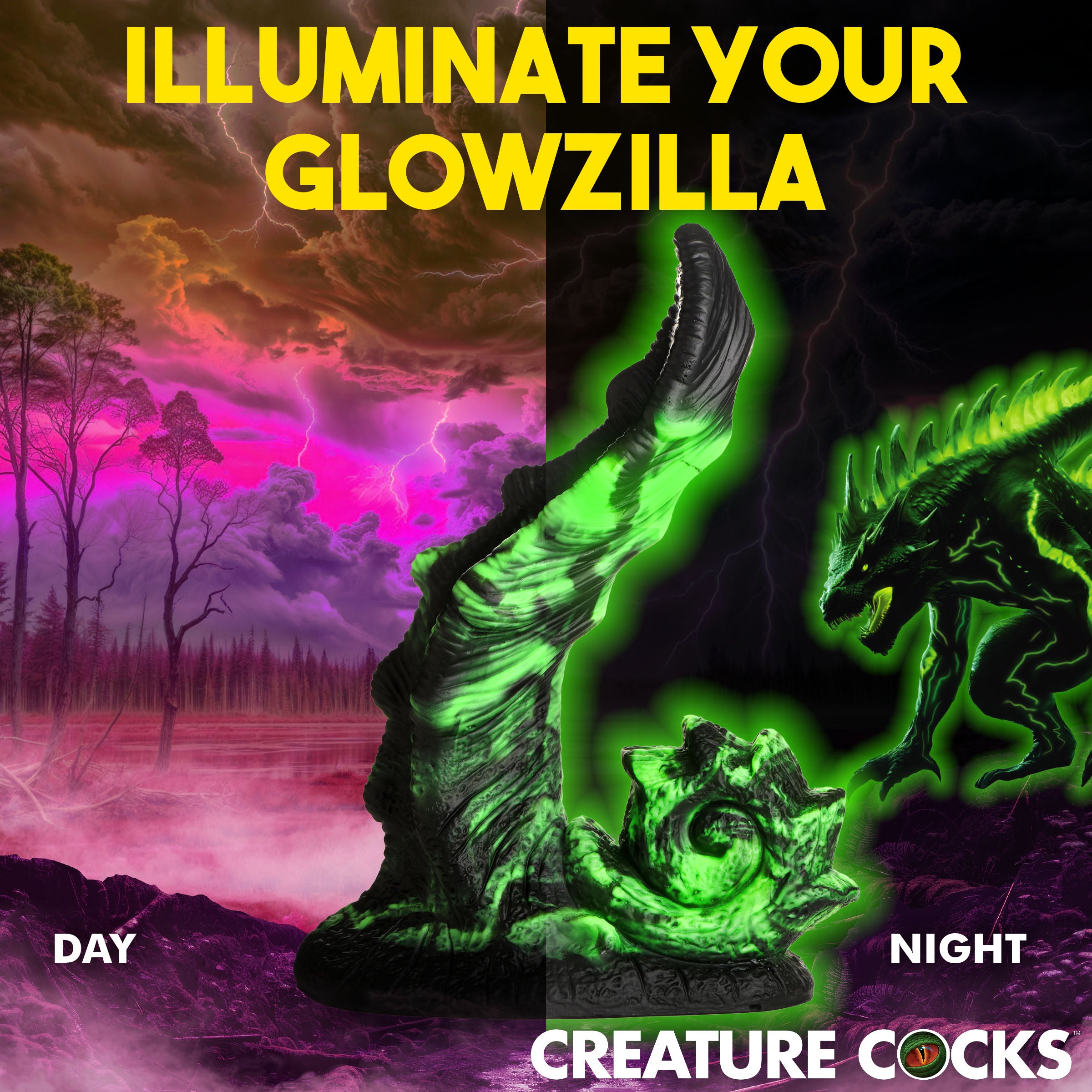 Creature Cocks Glowzilla Glow-In-The-Dark Silicone Dildo Green