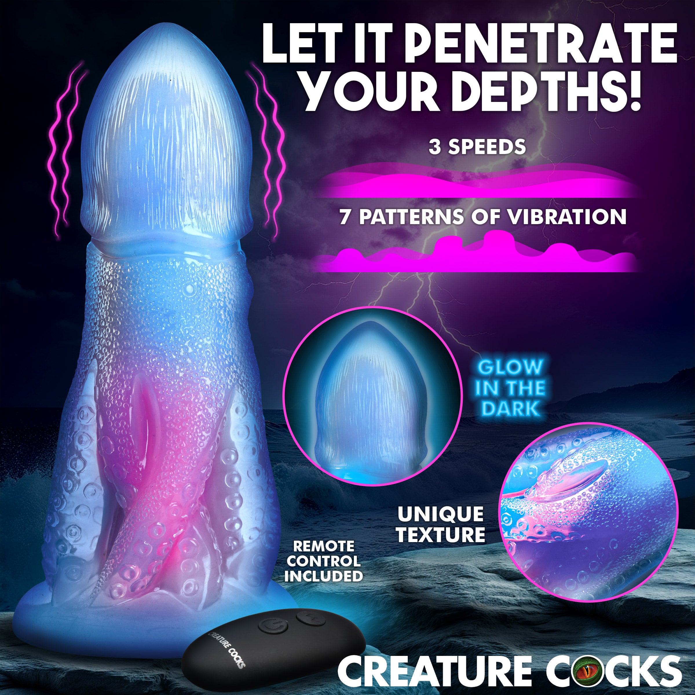 Creature Cocks Cocktopus Deluxe Glow-in-the-Dark Vibrating Silicone Dildo Multi
