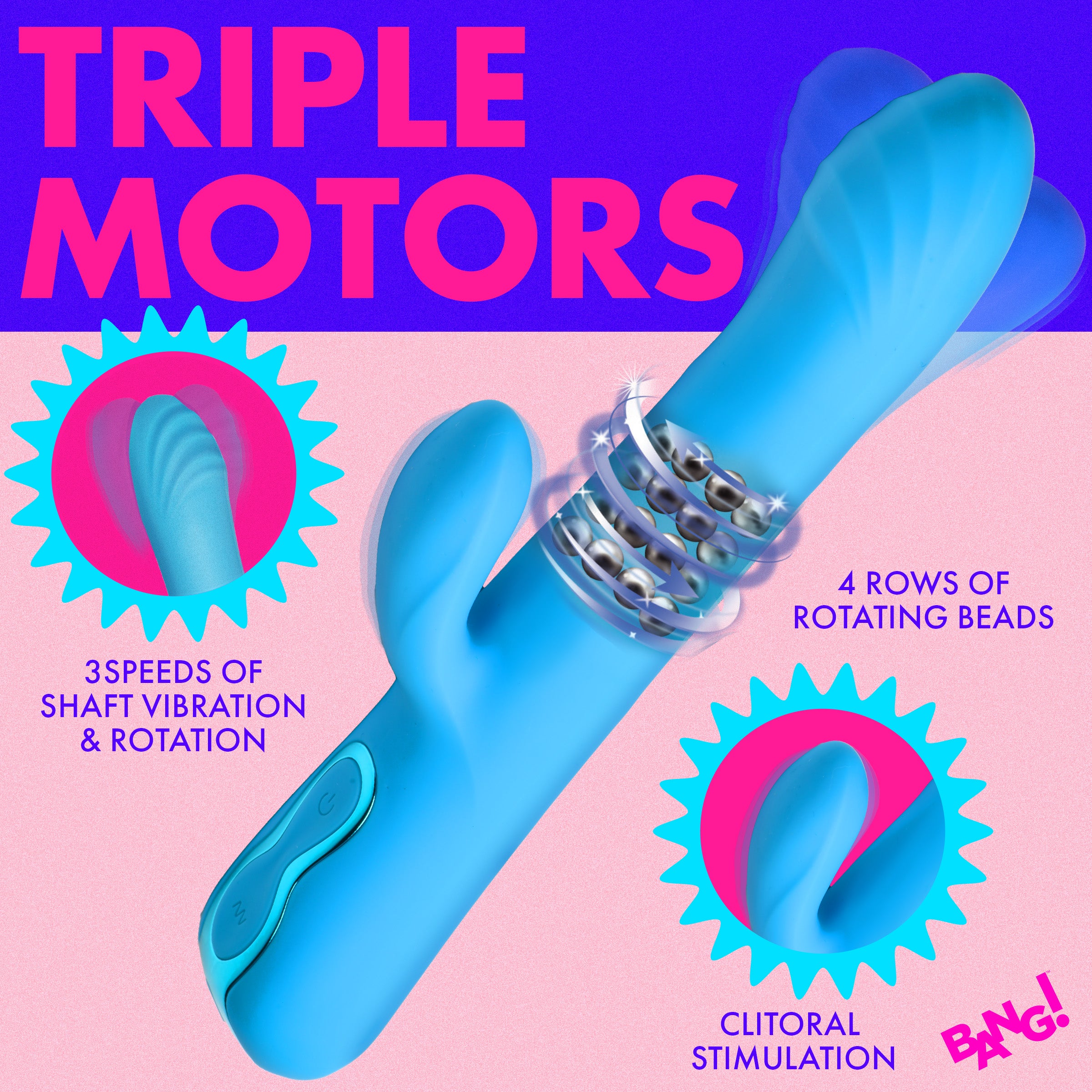 Bang! Rotating Beaded Silicone Rabbit Vibrator Blue