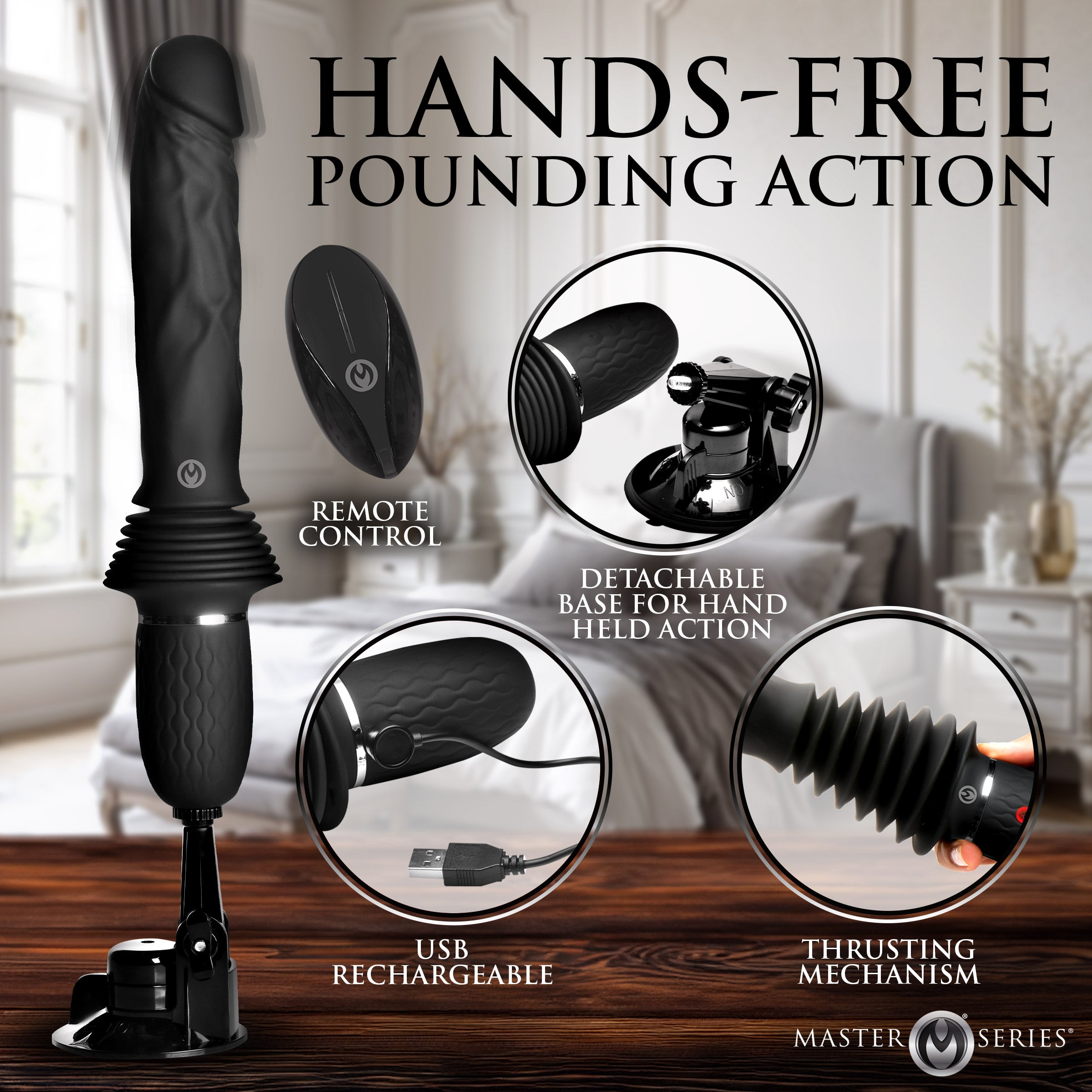 Master Series Ultimate Power Pounder Vibrating & Thrusting Silicone Dildo w/ Remote Black