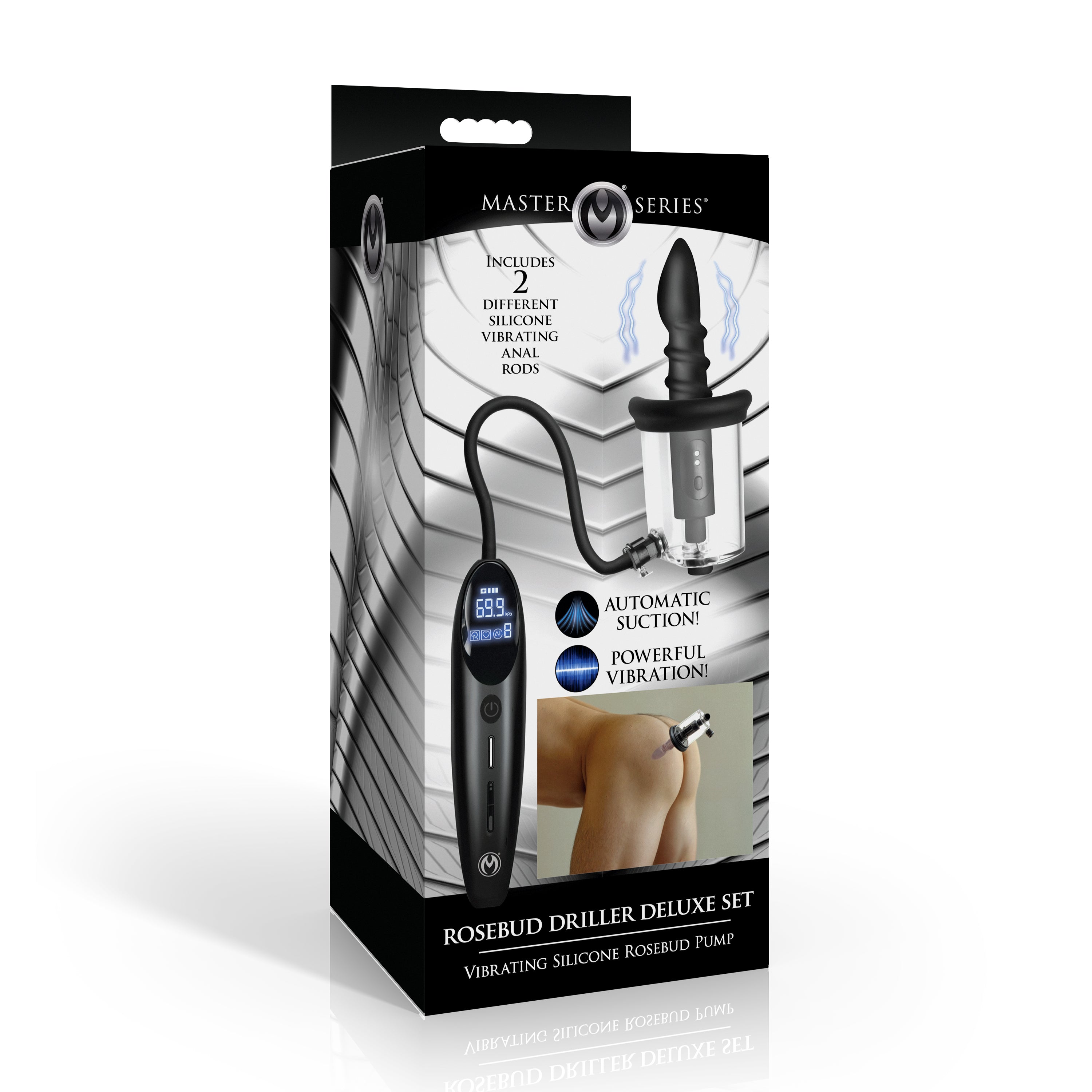Master Series Rosebud Driller Deluxe Set Vibrating Silicone Rosebud Pump Black