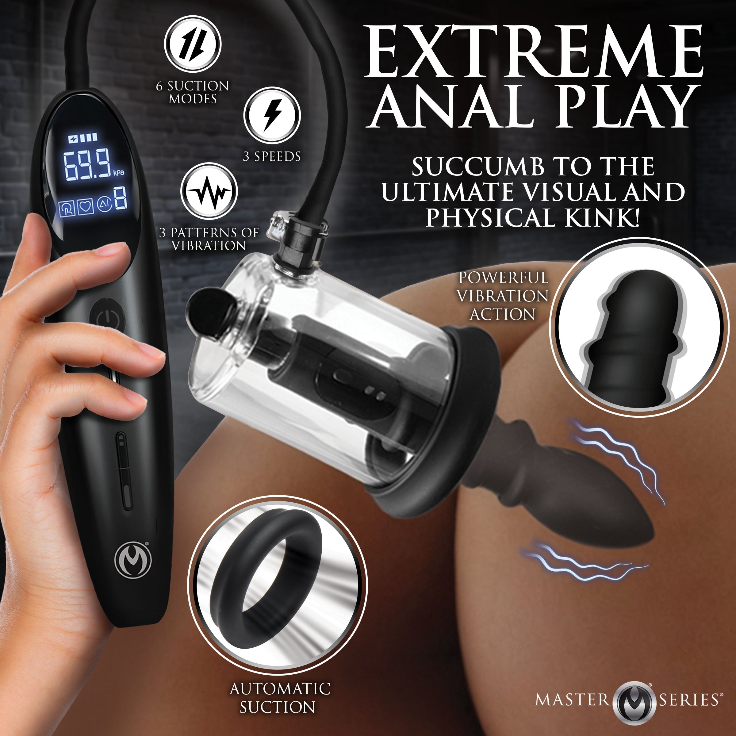 Master Series Rosebud Driller Deluxe Set Vibrating Silicone Rosebud Pump Black