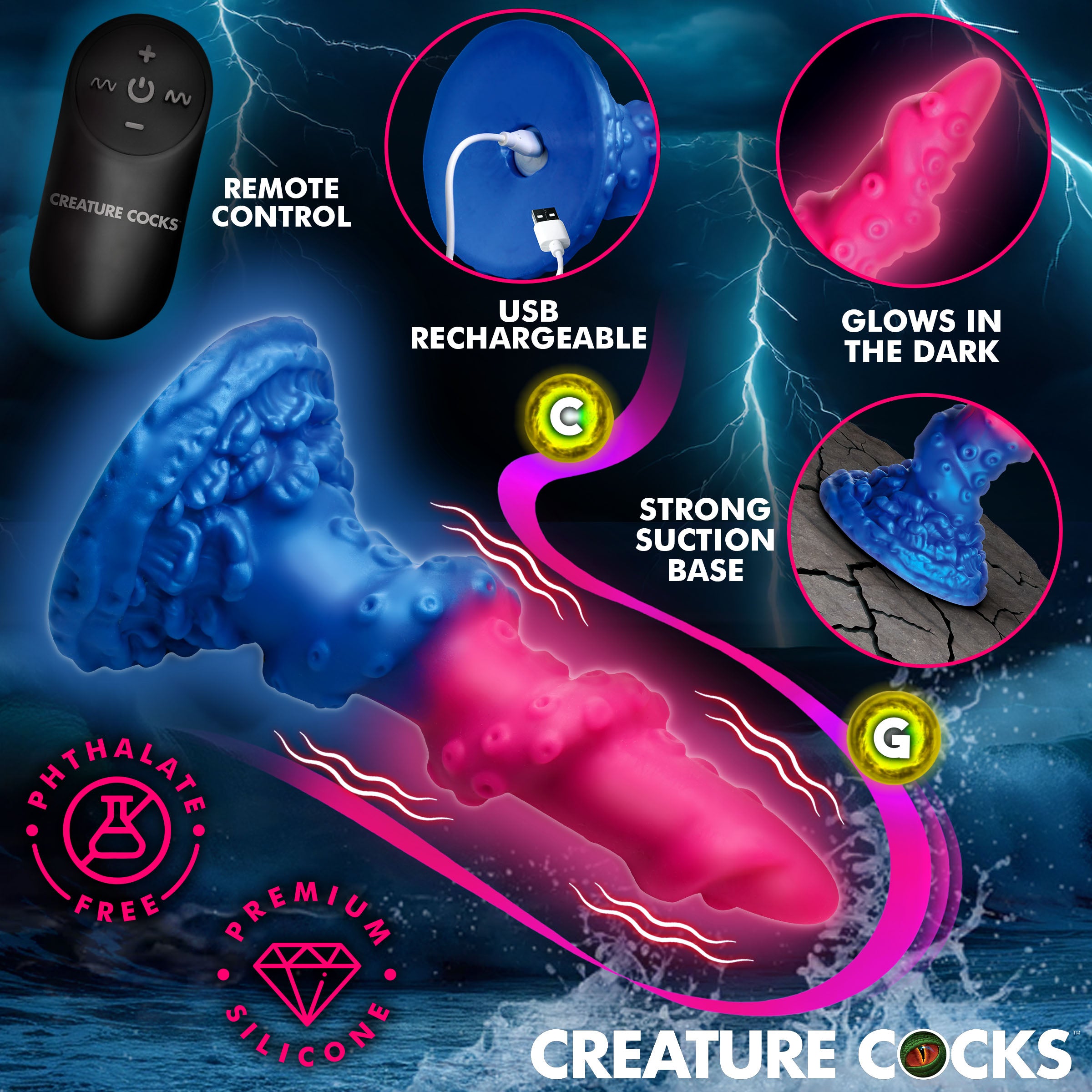 Creature Cocks Deluxe Lord Kraken Vibrating Glow-in-the-Dark Silicone Dildo Multi