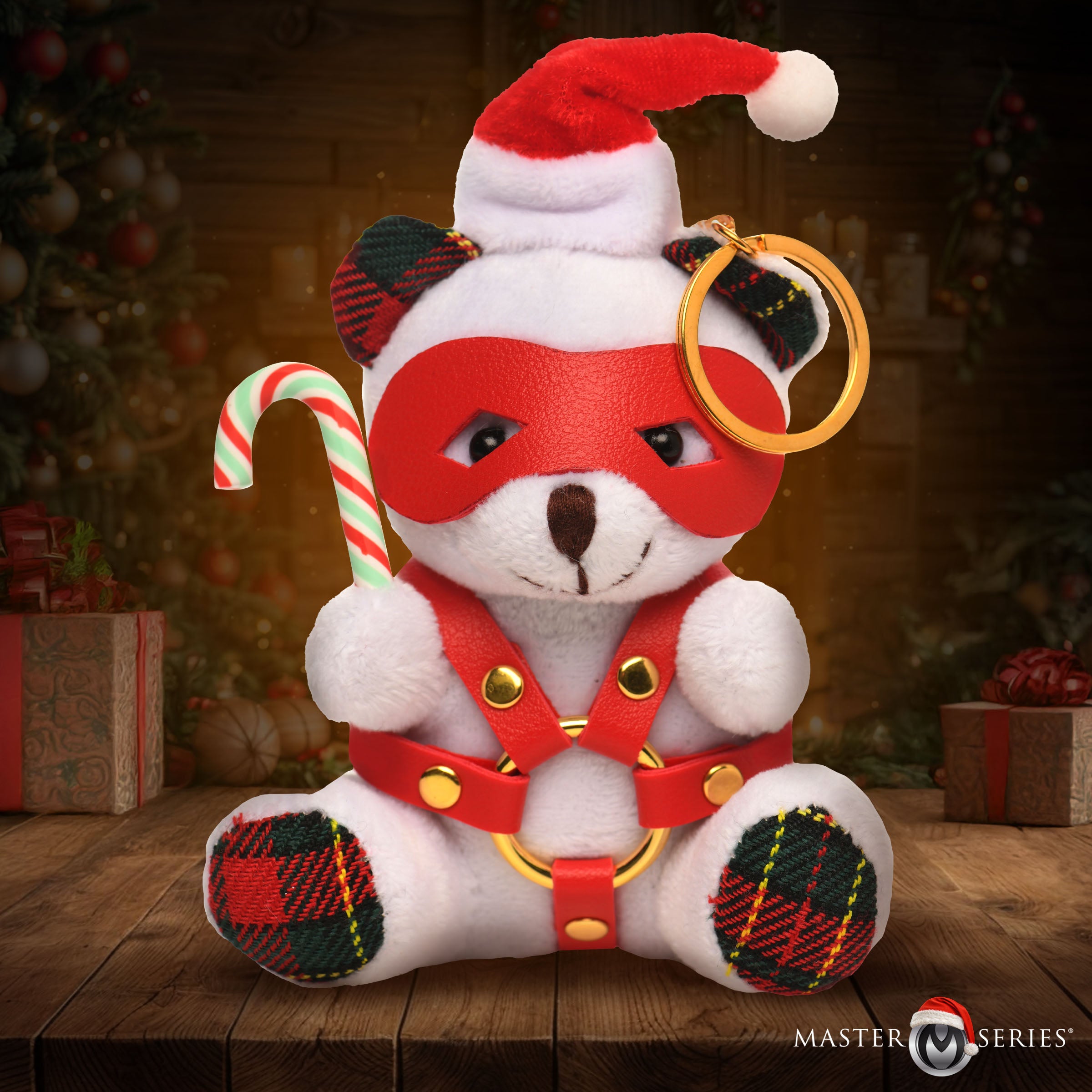 Master Series Holiday Bondage Bear Keychain - White Multi