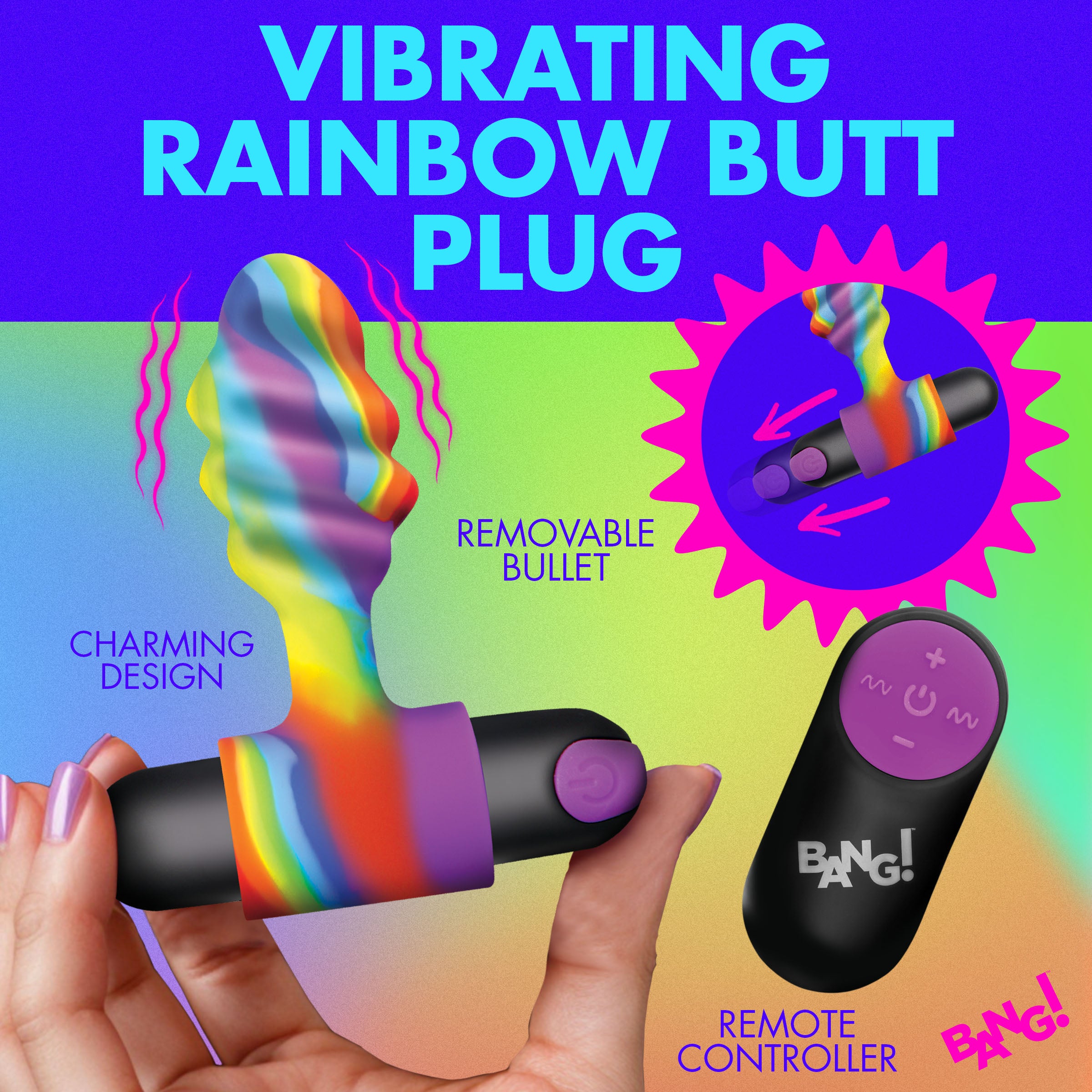 Bang! Vibrating Rainbow Butt Plug Multi