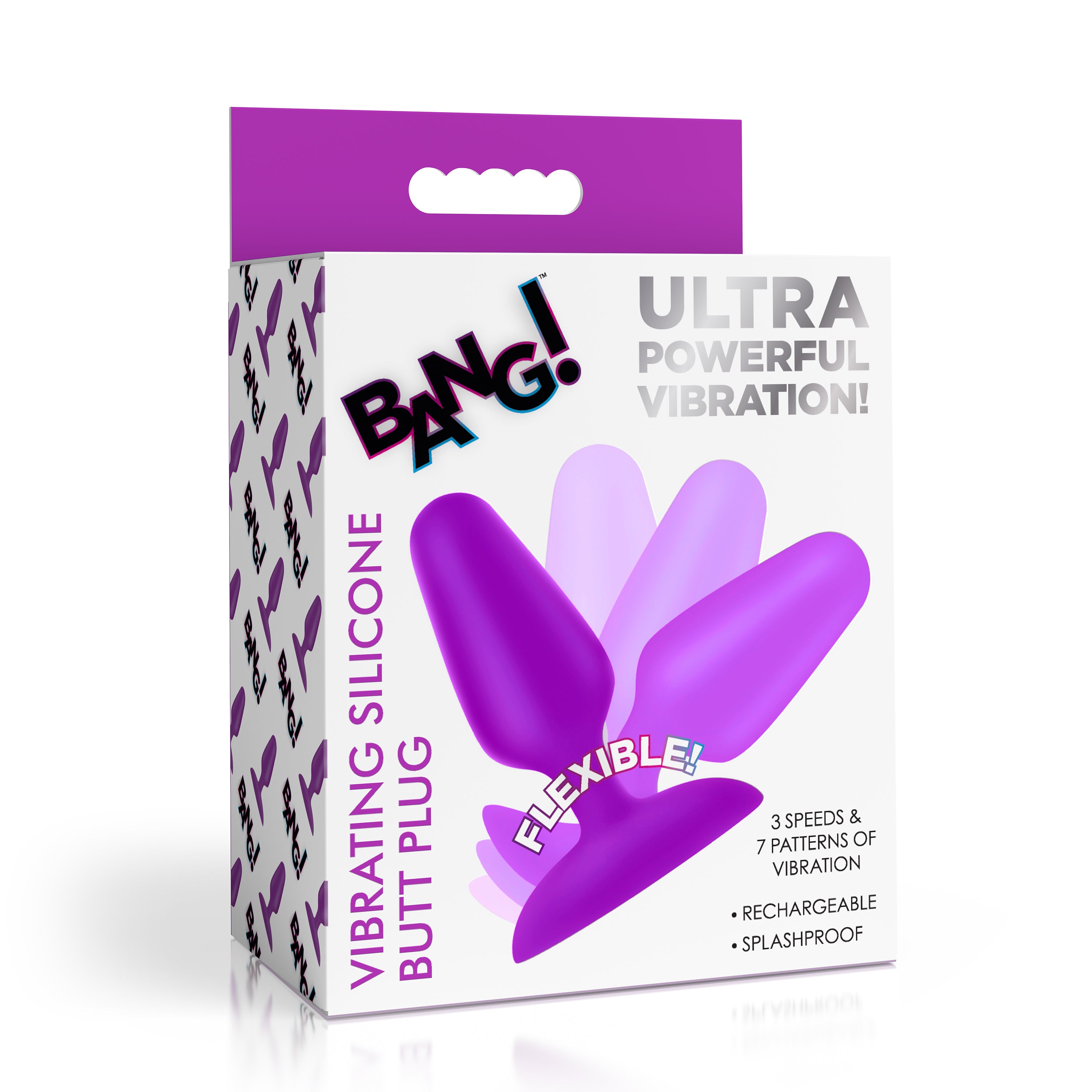 Bang! Flexible Vibrating Silicone Butt Plug - Purple Purple