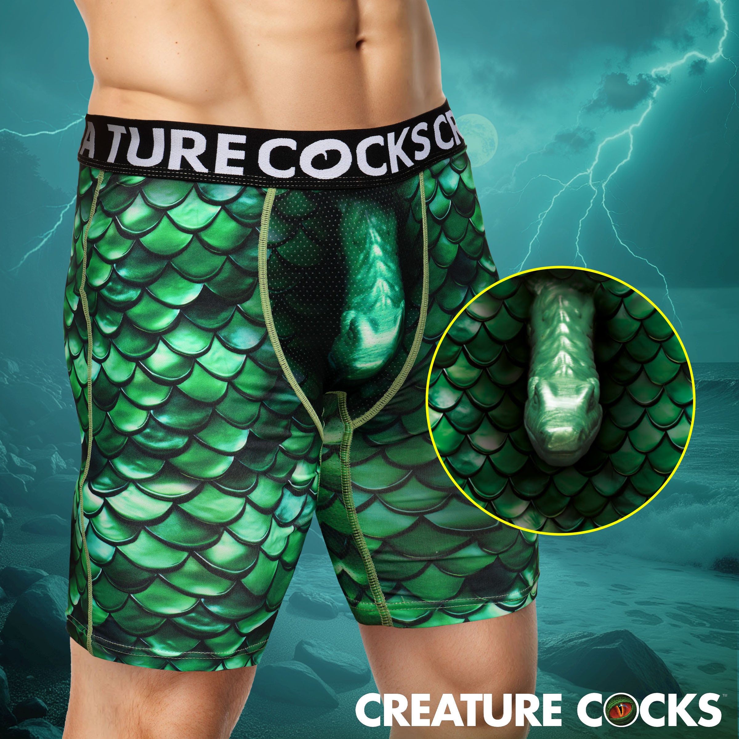 Creature Cocks Creature Wear Cockness Monster Lake Creature Boxer Shorts - Small Green / X-Large