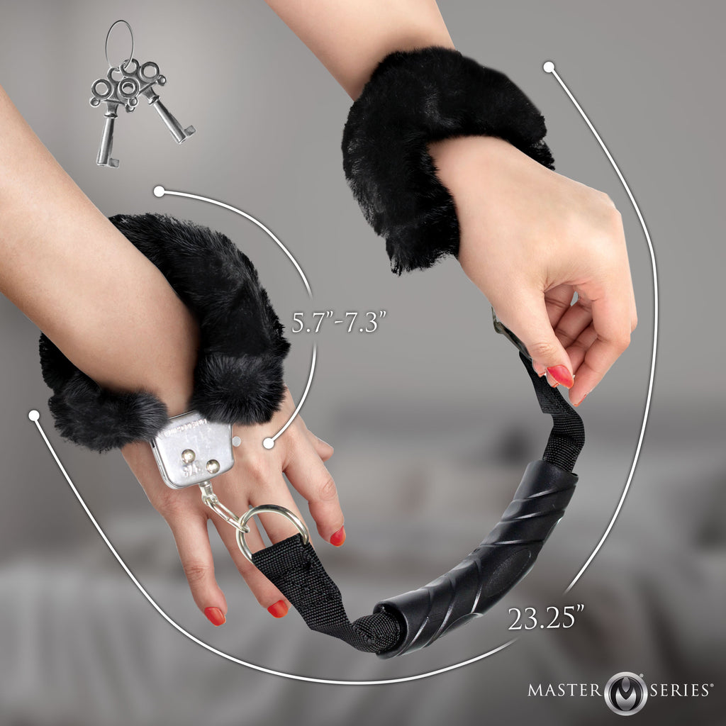 Master Series The Handler Furry Handcuffs with Handle Black