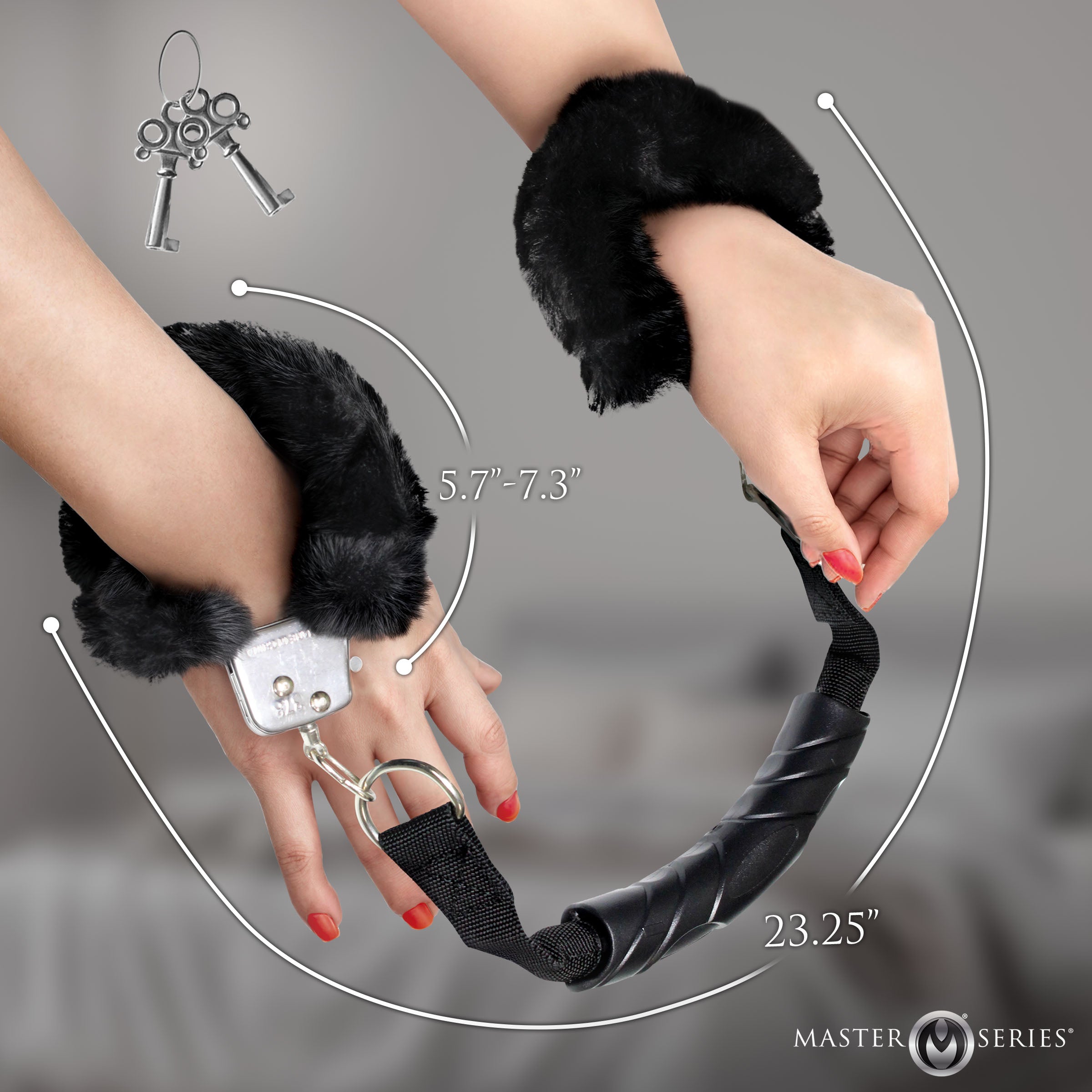 Master Series The Handler Furry Handcuffs with Handle Black