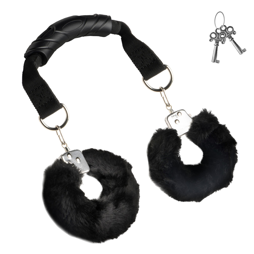 Master Series The Handler Furry Handcuffs with Handle Black