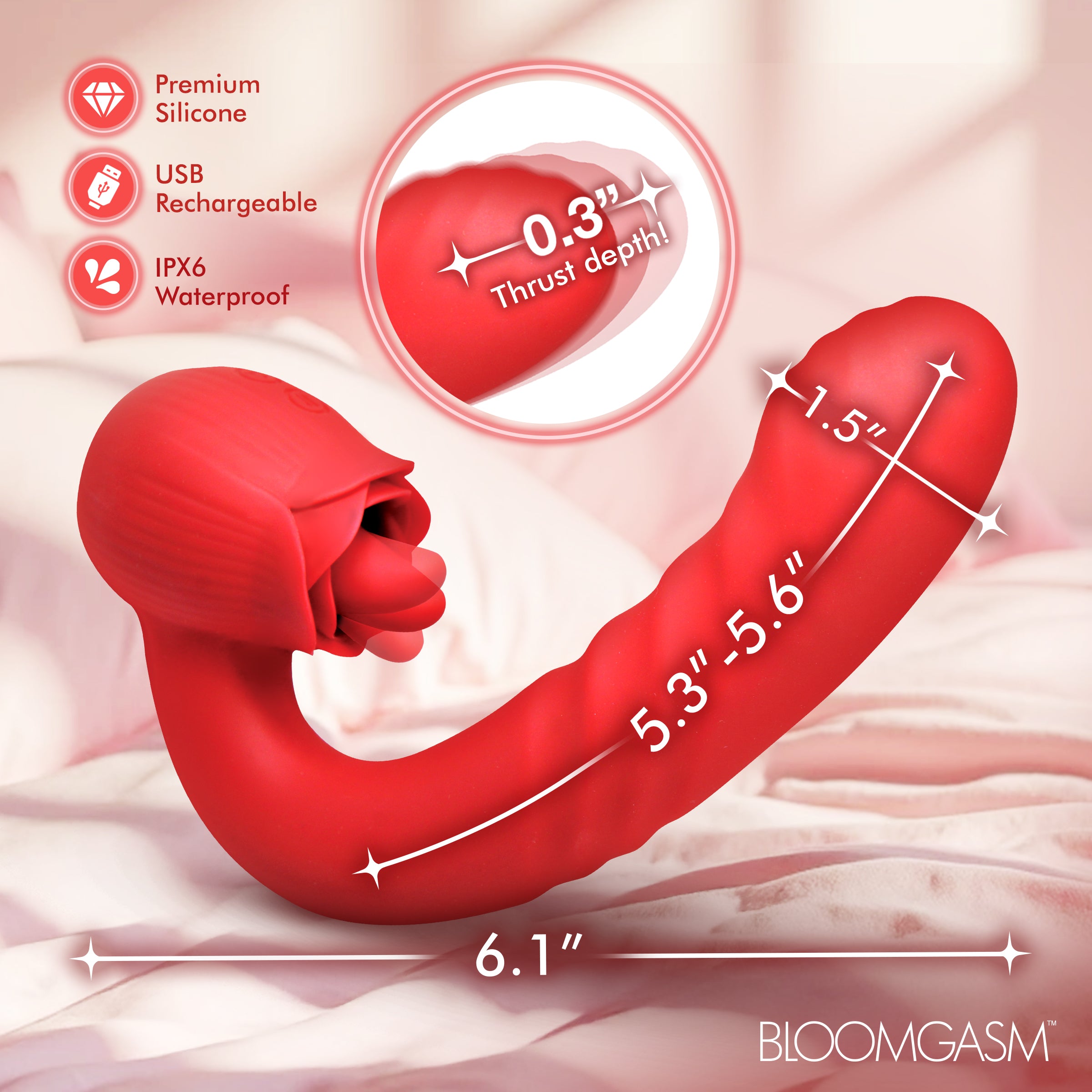 Bloomgasm Boom Bloom Thrusting & Licking Rose Vibrator Red