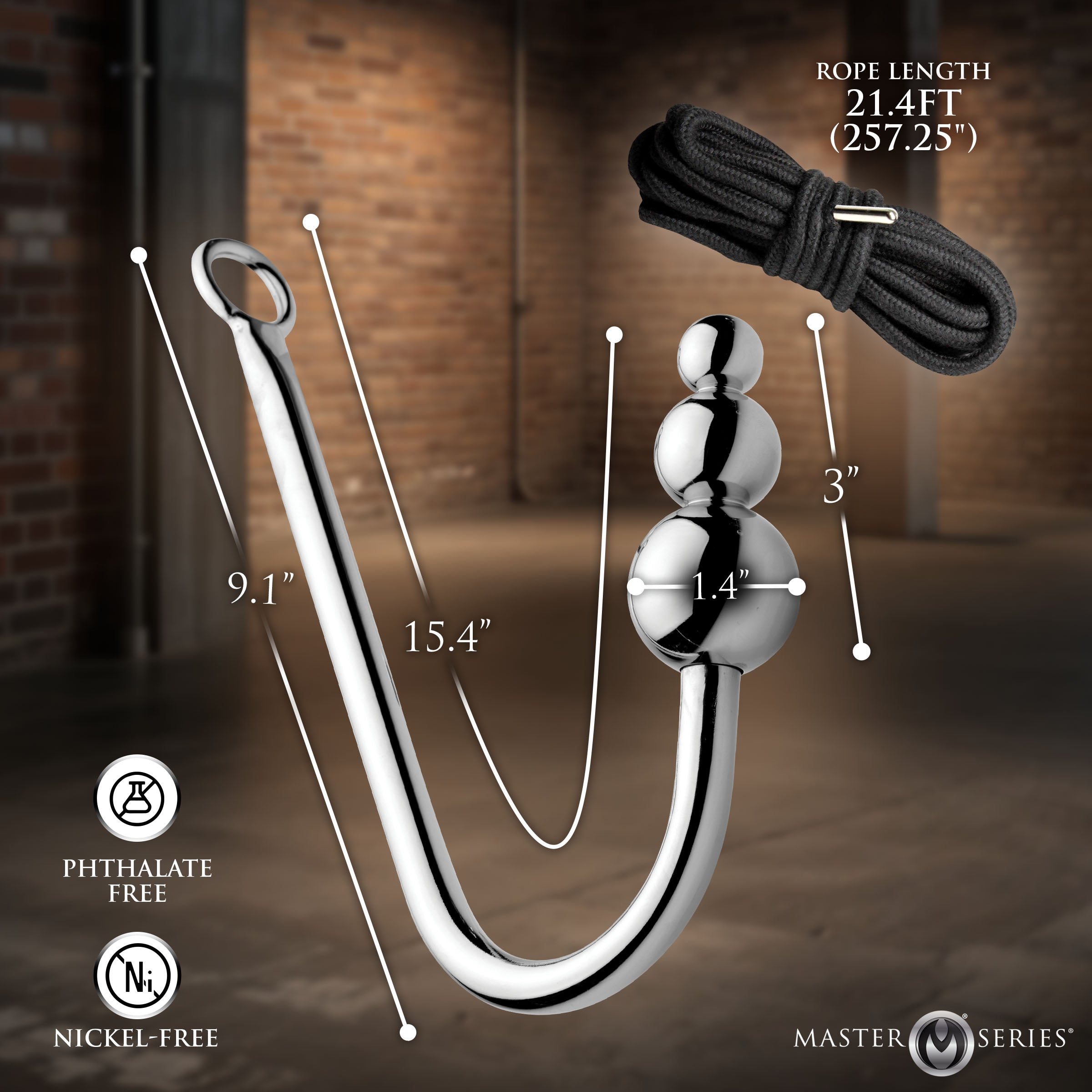 Master Series Roped Beaded Anal Hook with Rope Grey