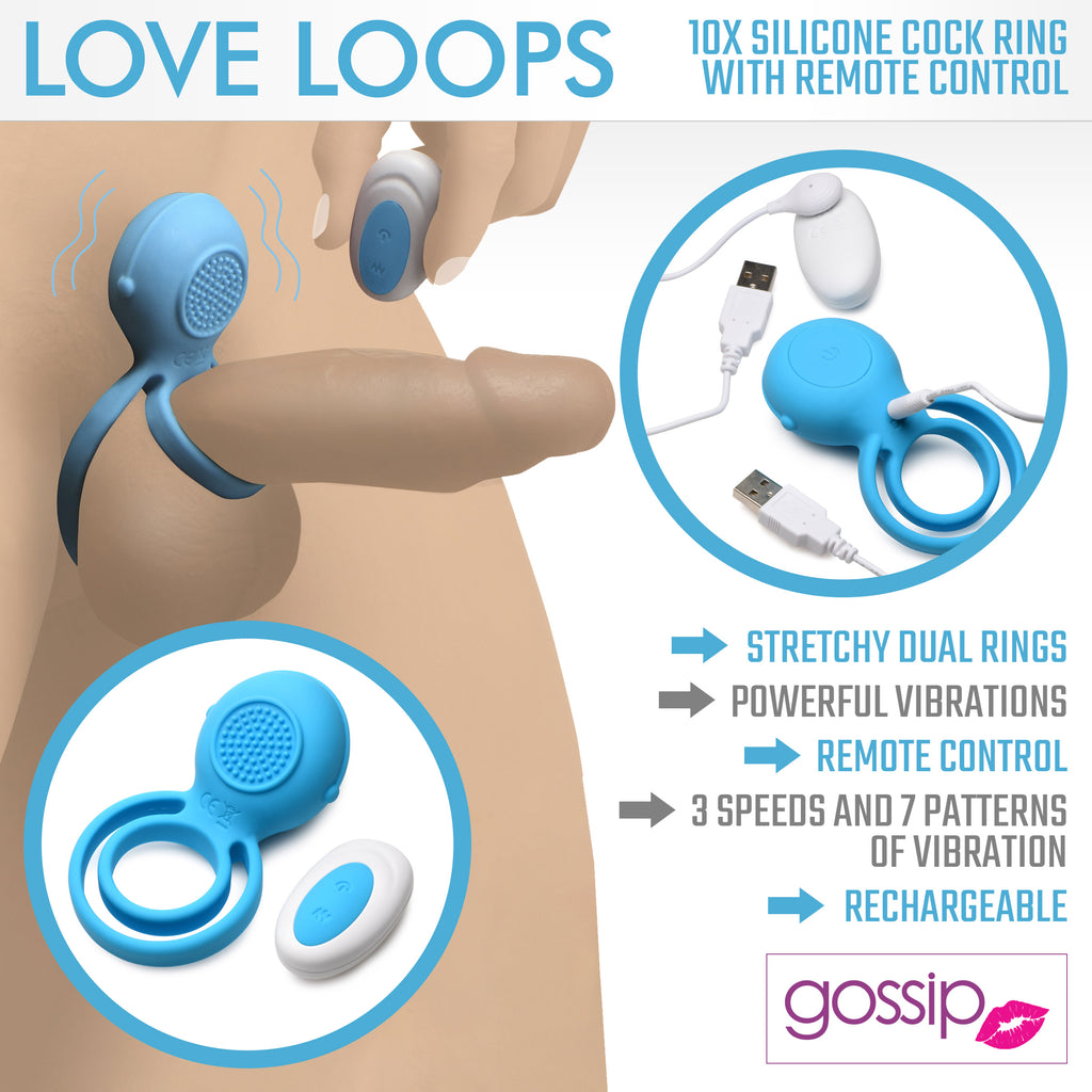 Gossip Love Loops 10X Silicone Cock Ring with Remote - Blue Blue