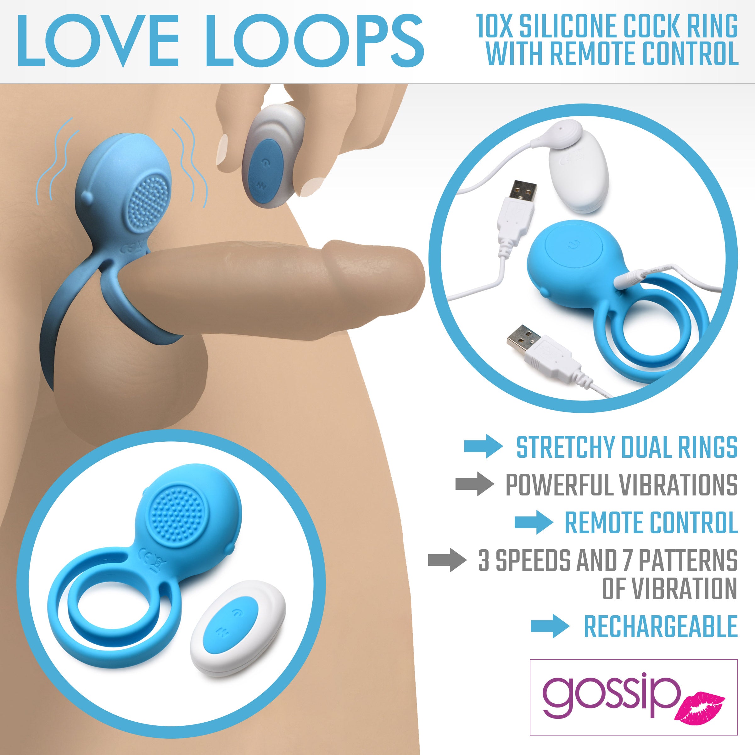Gossip Love Loops 10X Silicone Cock Ring with Remote - Blue Blue